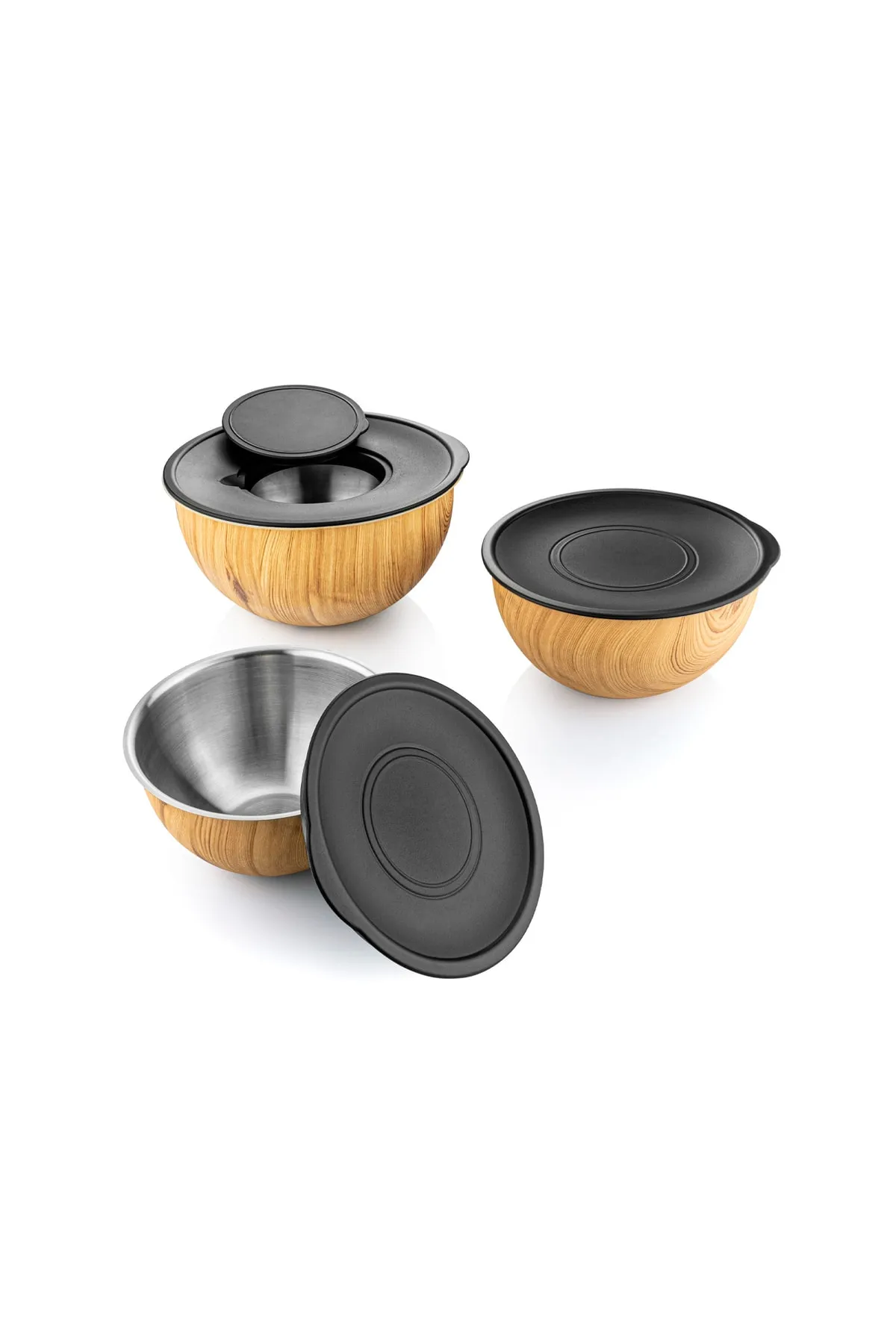 Bambum Rose Wood 3'lü Metal Karıştırma Kabı - Kahverengi