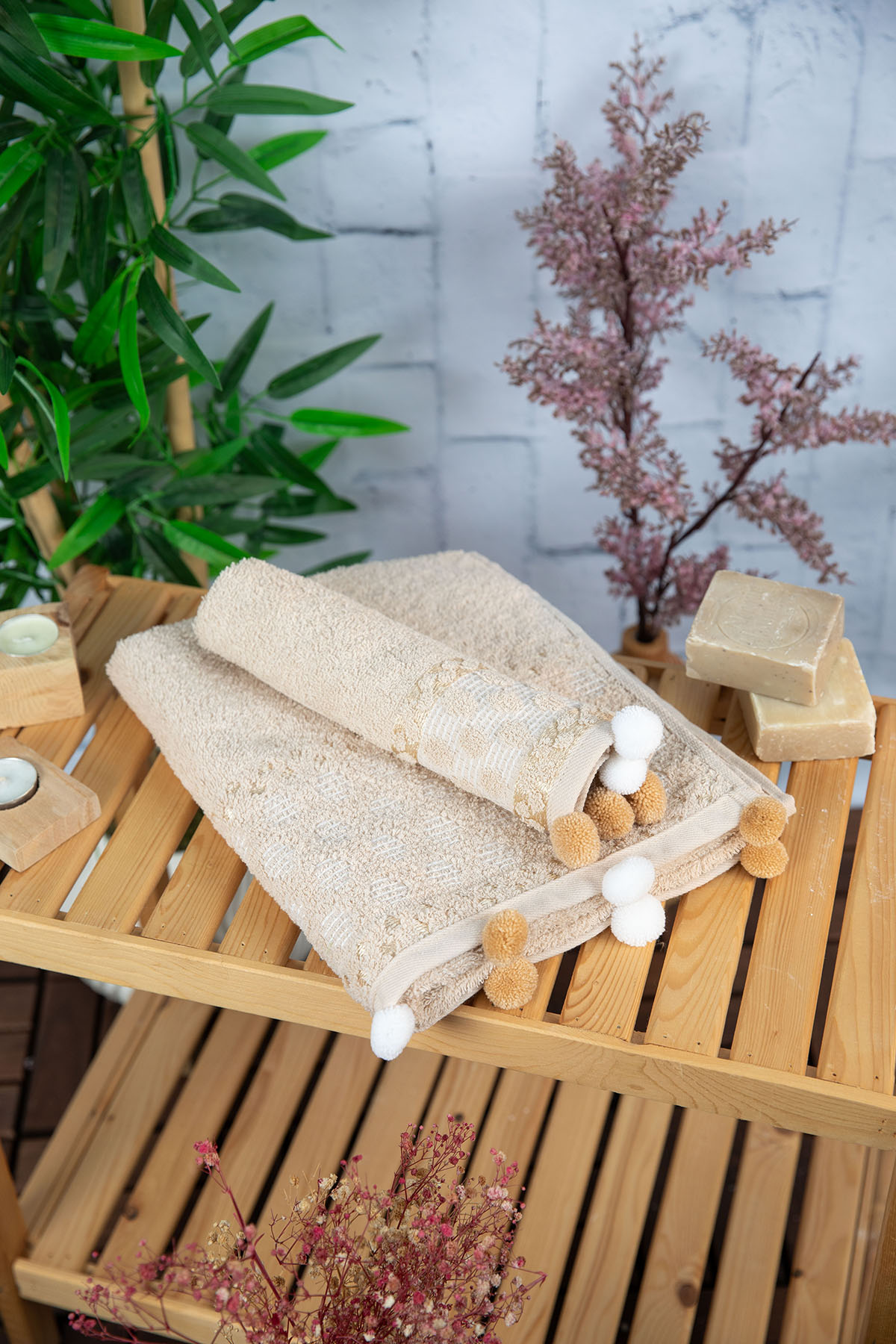 Bella Ponponlu 2'li El Yüz Havlusu - Bej