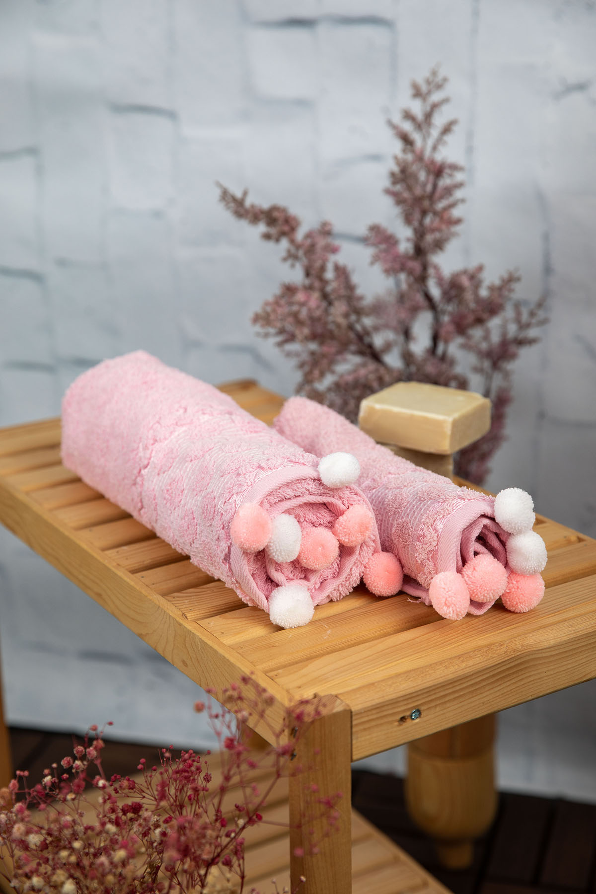 Bella Ponponlu 2'li El Yüz Havlusu - Pembe