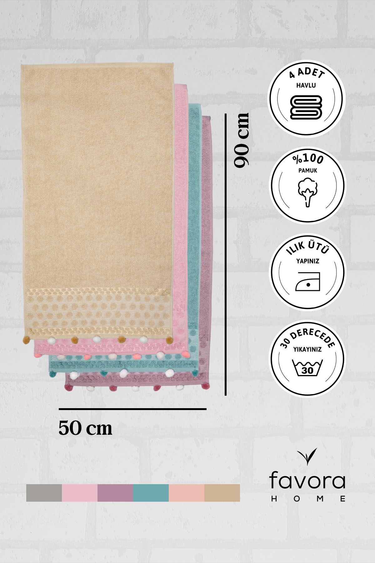 Bella Ponponlu 4'lü Yüz Havlusu 50x90