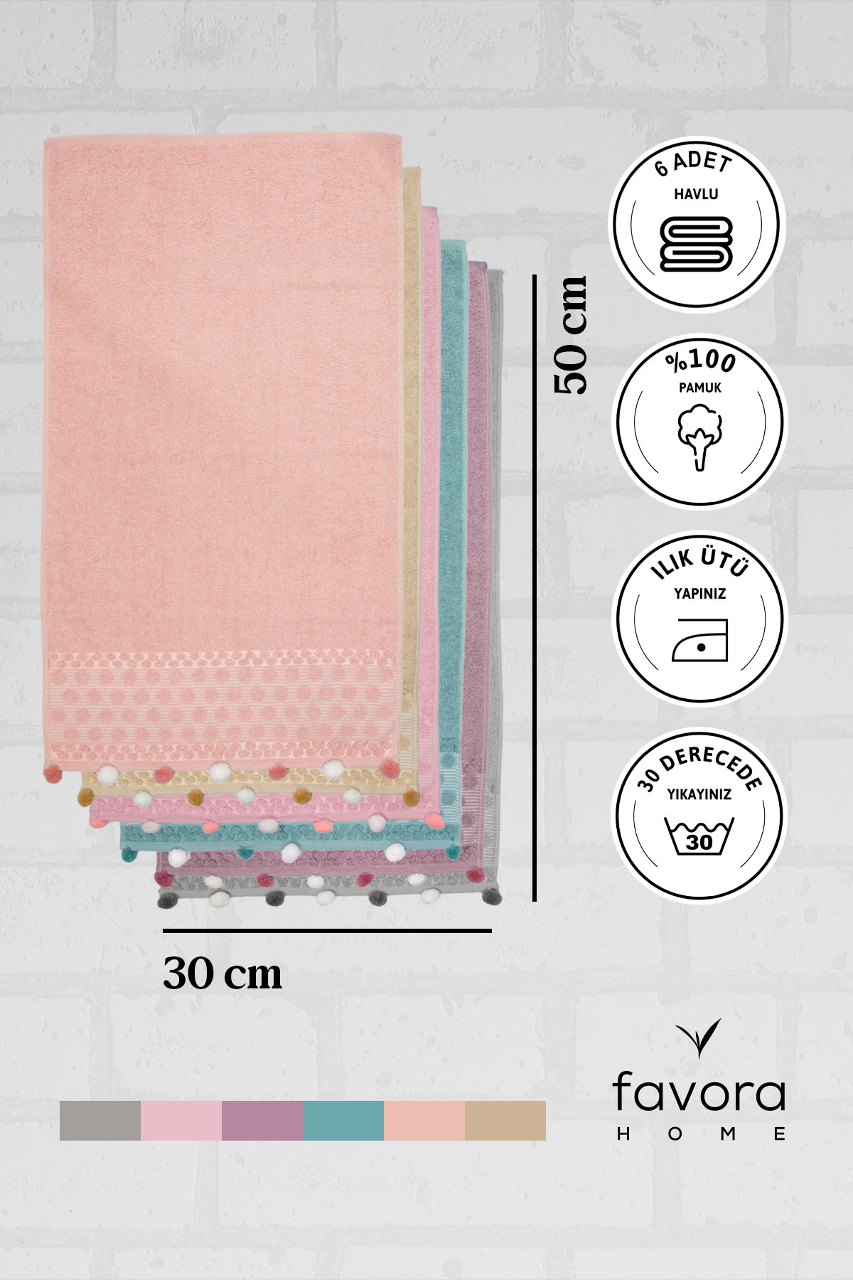Bella Ponponlu 6'lı El Havlusu 30x50 Bella Ponponlu 6'lı El Havlusu 30x50
