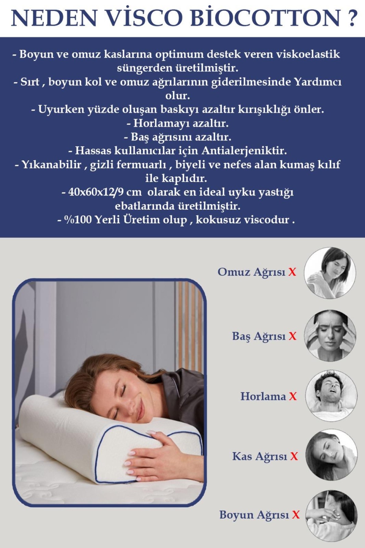 Biocotton Boyun Destekli Ortopedik Visco Yastık 60x40 cm