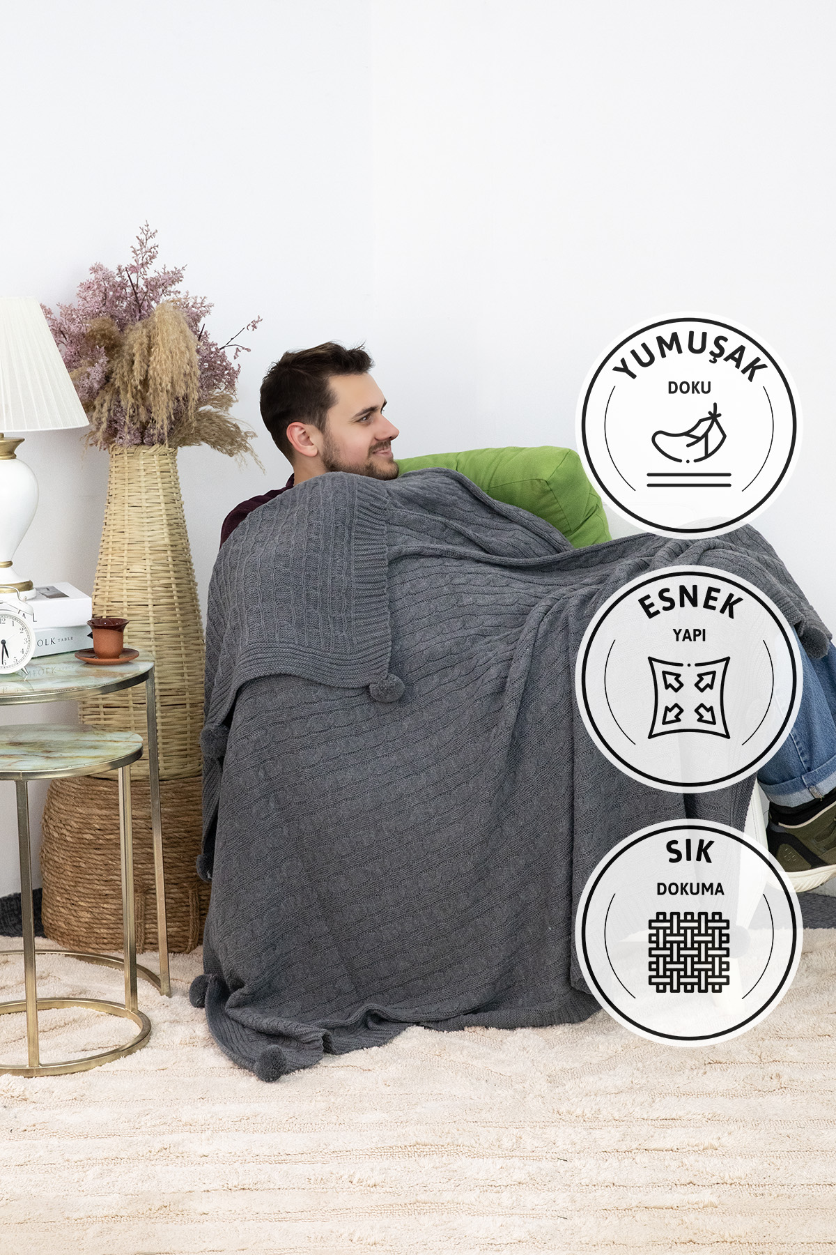 Biocotton Triko Ponponlu Tv Battaniyesi - Antrasit Biocotton Triko Ponponlu Tv Battaniyesi - Antrasit