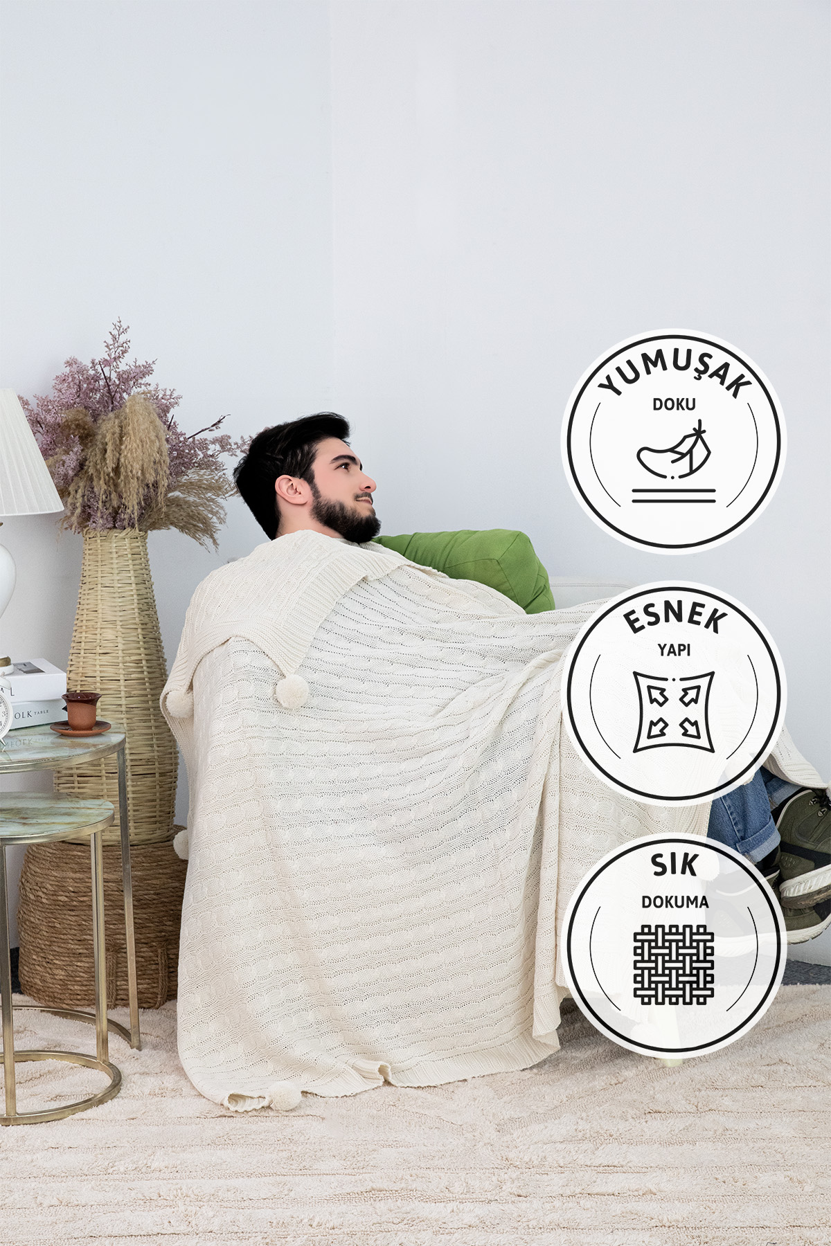 Biocotton Triko Ponponlu Örgü Tv Battaniyesi - Bej