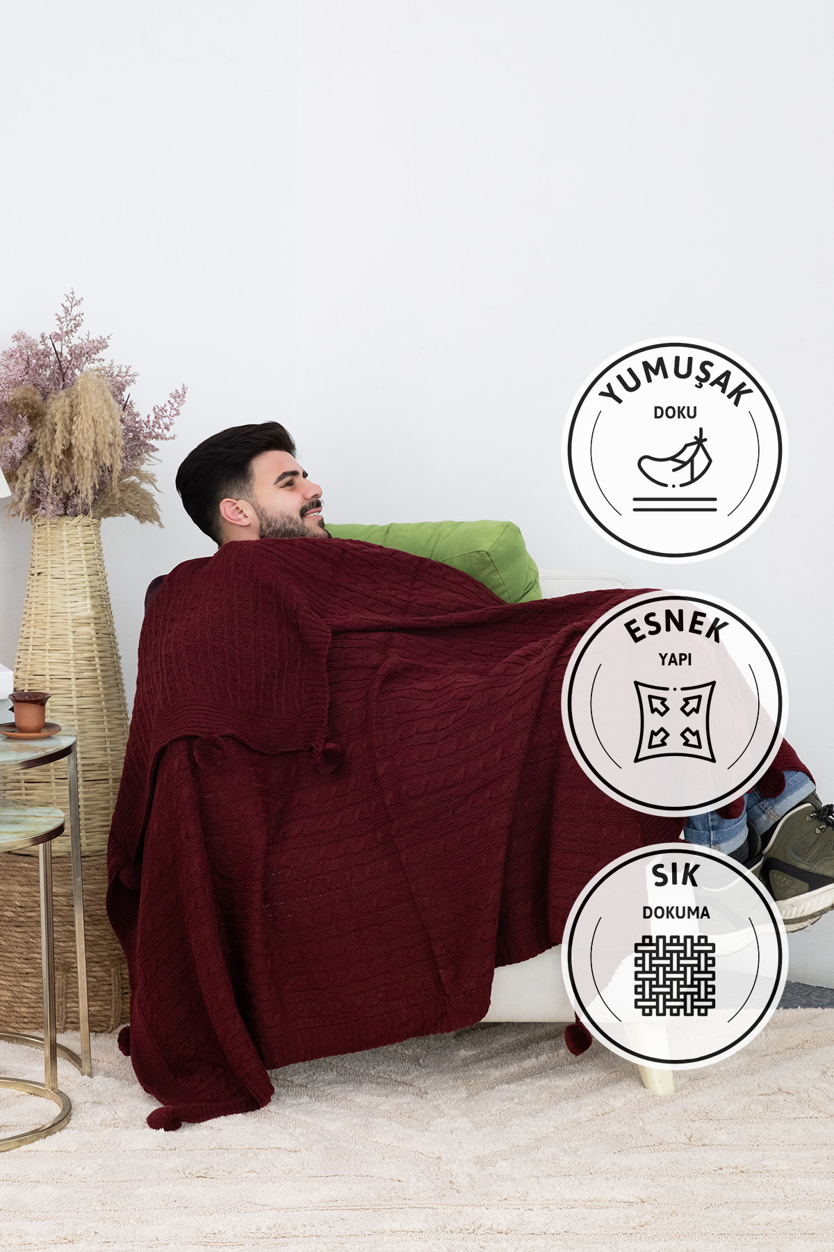 Biocotton Triko Ponponlu Tv Battaniyesi - Bordo Biocotton Triko Ponponlu Tv Battaniyesi - Bordo