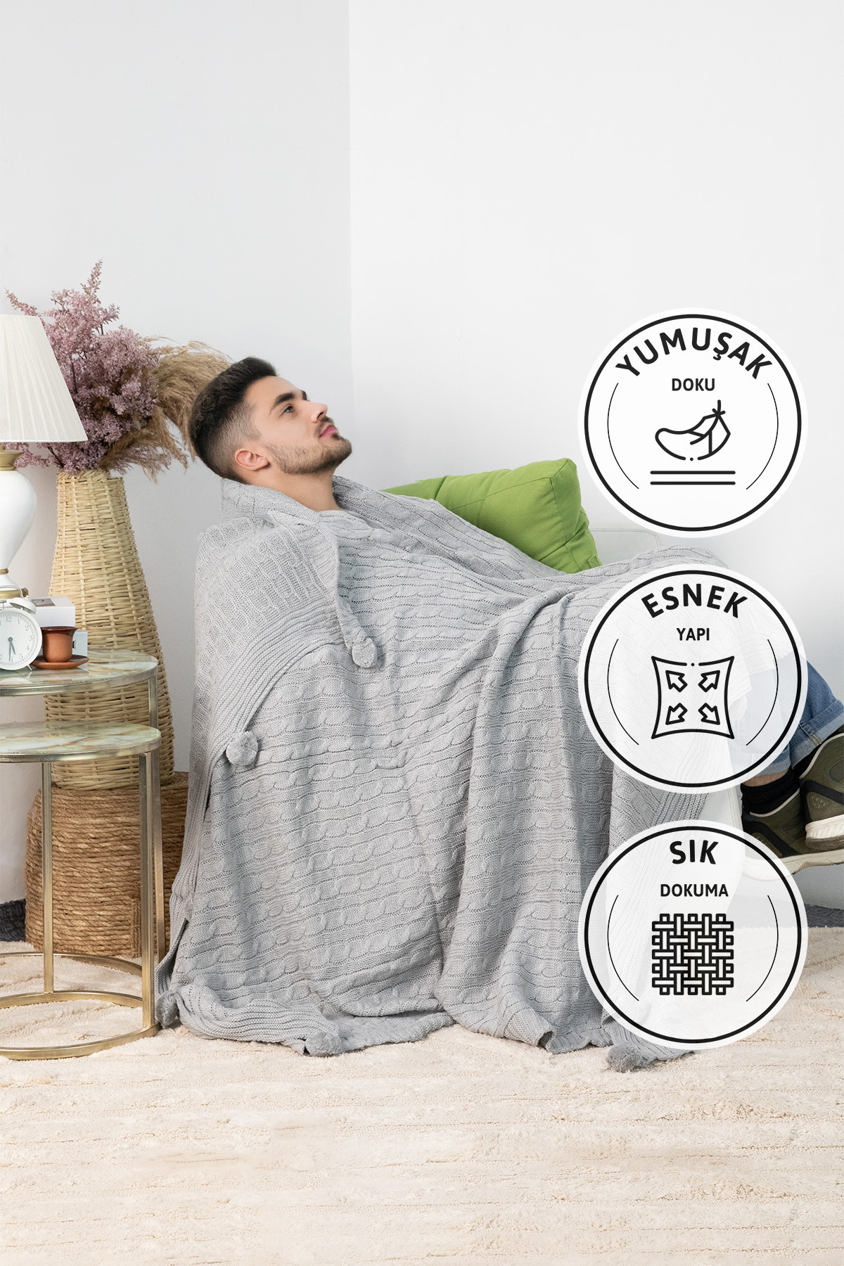 Biocotton Triko Ponponlu Tv Battaniyesi - Gri Biocotton Triko Ponponlu Tv Battaniyesi - Gri