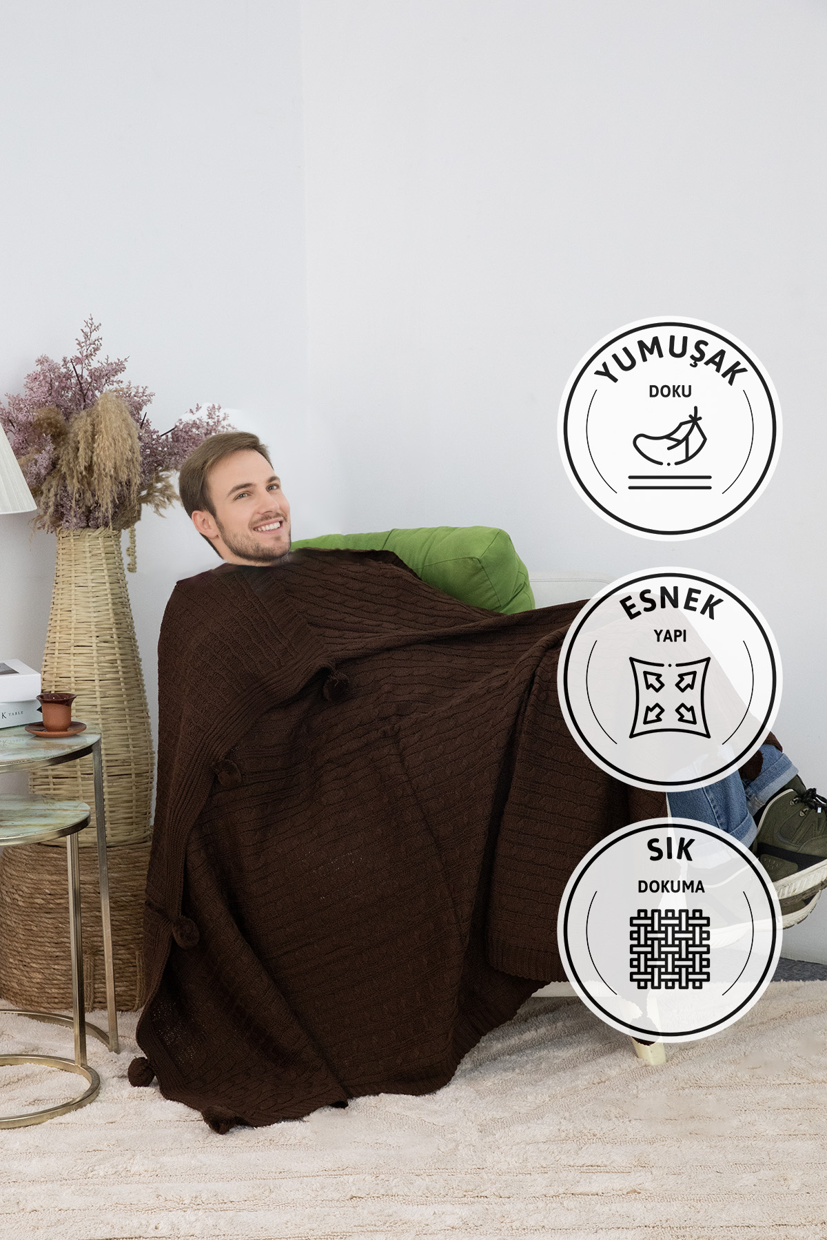 Biocotton Triko Ponponlu Tv Battaniyesi - Kahveren Biocotton Triko Ponponlu Tv Battaniyesi - Kahveren