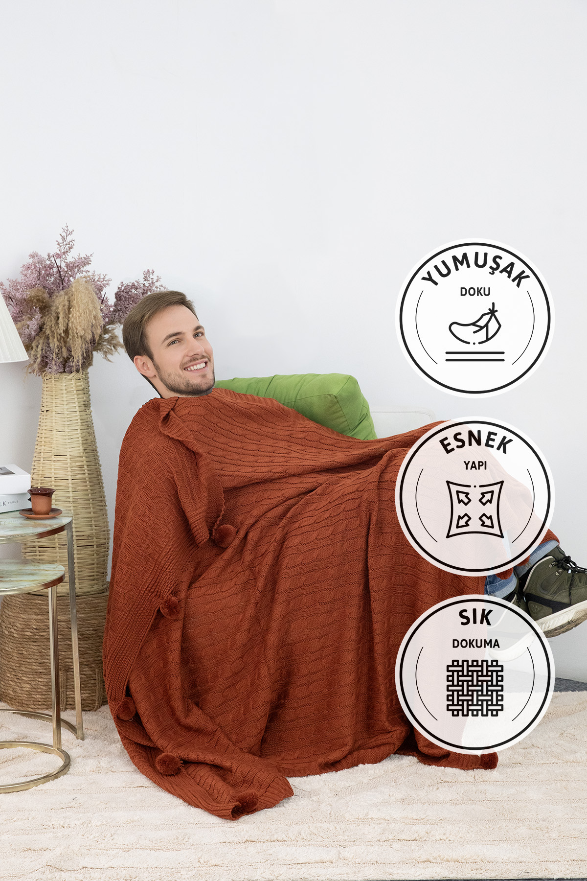 Biocotton Triko Ponponlu Tv Battaniyesi - Kiremit Biocotton Triko Ponponlu Tv Battaniyesi - Kiremit