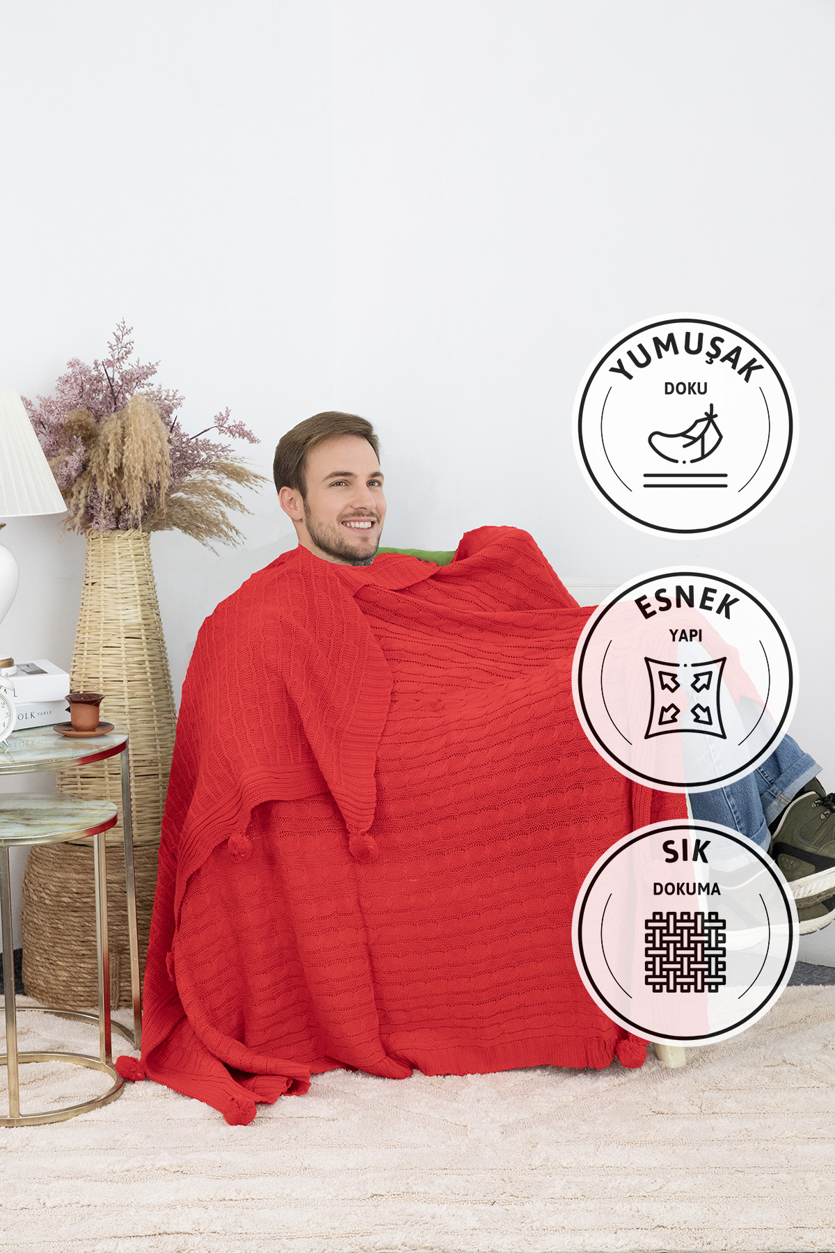 Biocotton Triko Ponponlu Örgü Tv Battaniyesi - Kırmızı