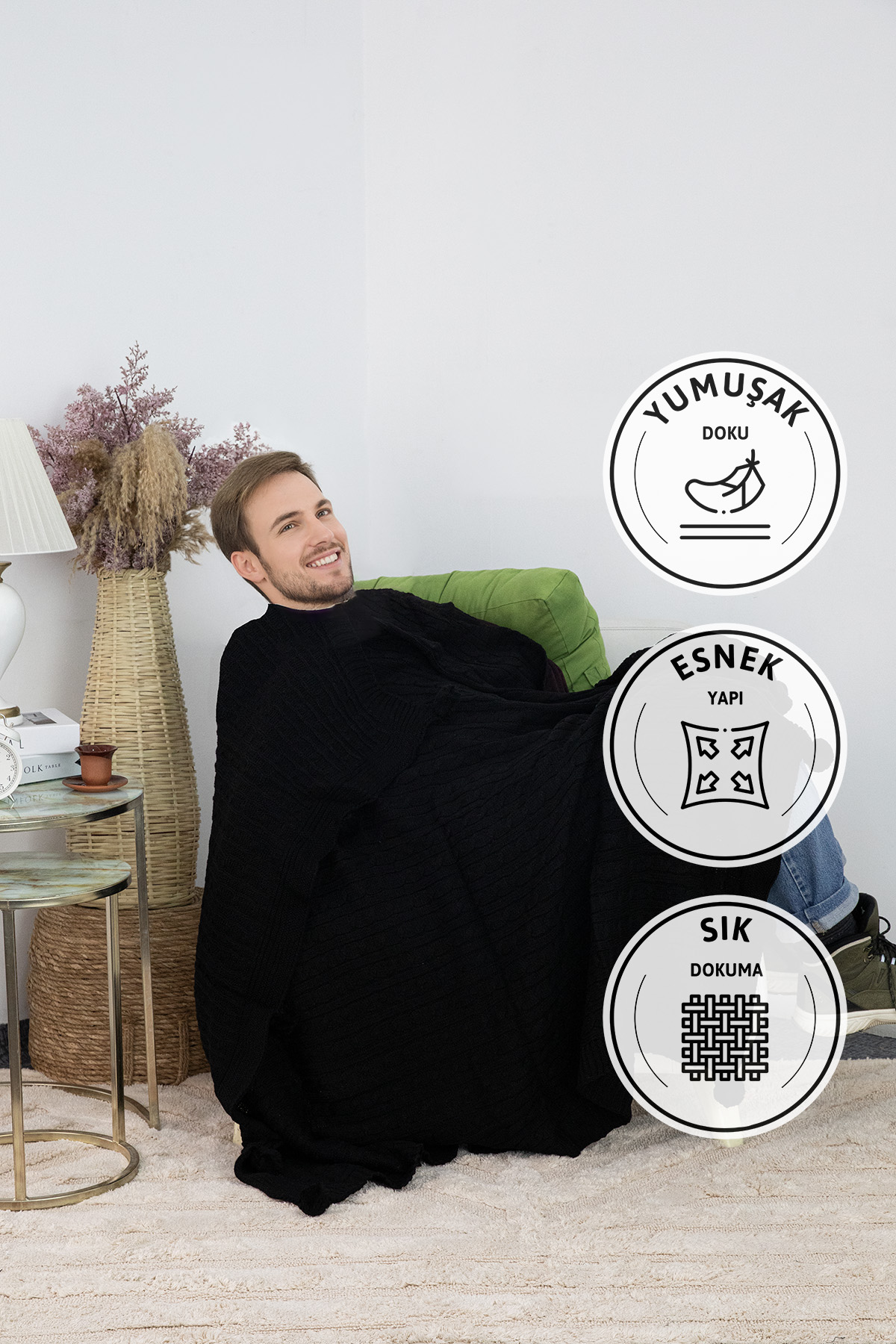 Biocotton Triko Ponponlu Tv Battaniyesi - Siyah Biocotton Triko Ponponlu Tv Battaniyesi - Siyah