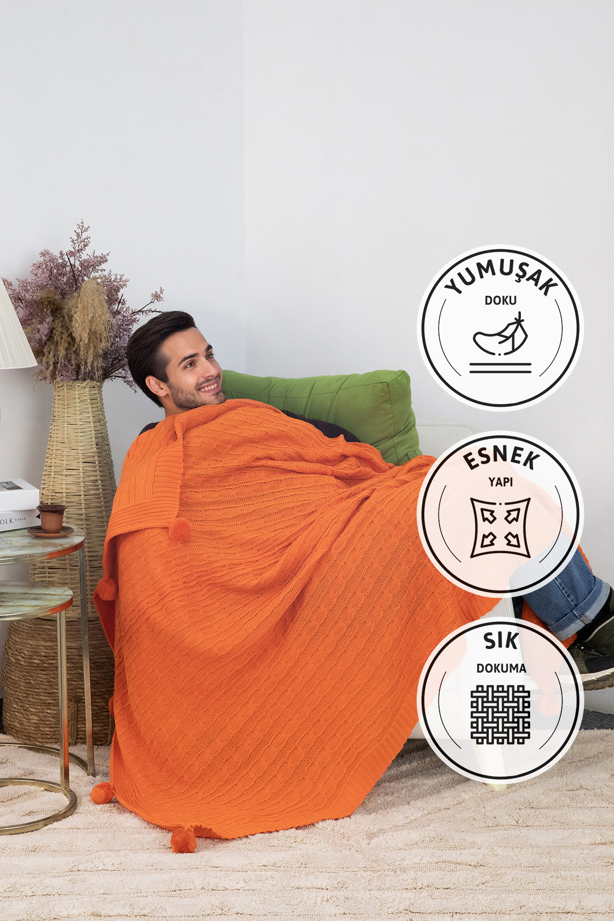 Biocotton Triko Ponponlu Tv Battaniyesi - Turuncu Biocotton Triko Ponponlu Tv Battaniyesi - Turuncu