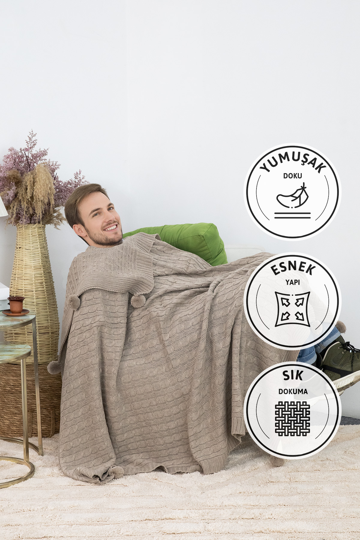 Biocotton Triko Ponponlu Örgü Tv Battaniyesi - Vizon