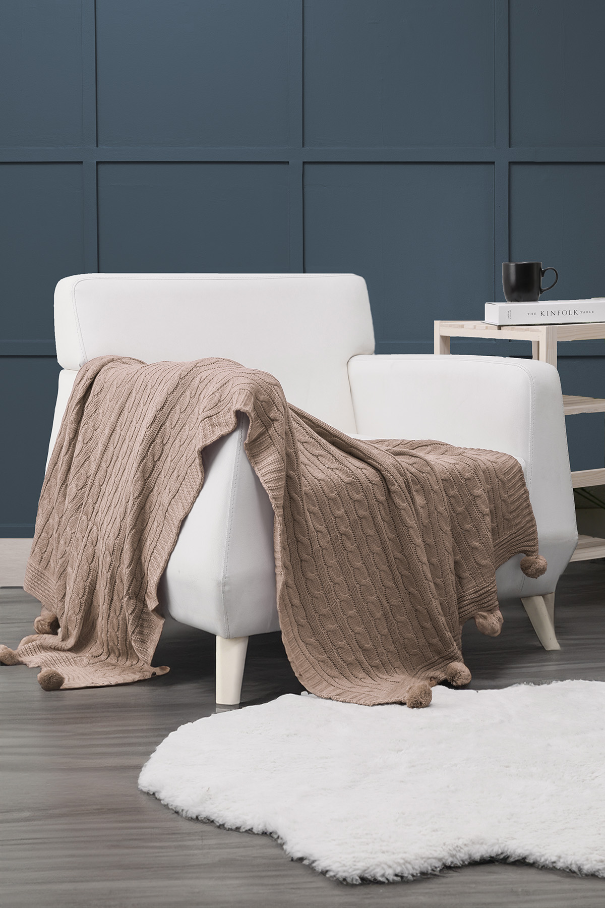 Biocotton Triko Ponponlu Örgü Tv Battaniyesi - Vizon