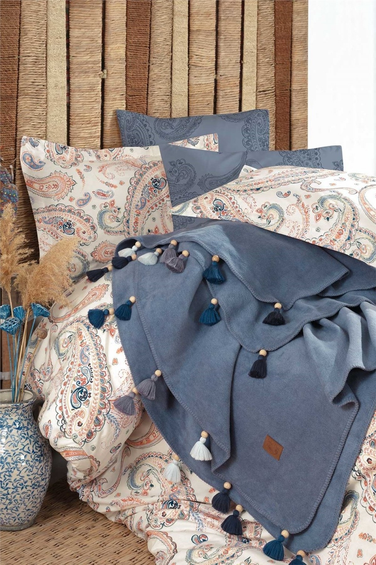 Boho Chic Çift Kişilik Püsküllü Battaniyeli Nevresim Takımı - Mavi