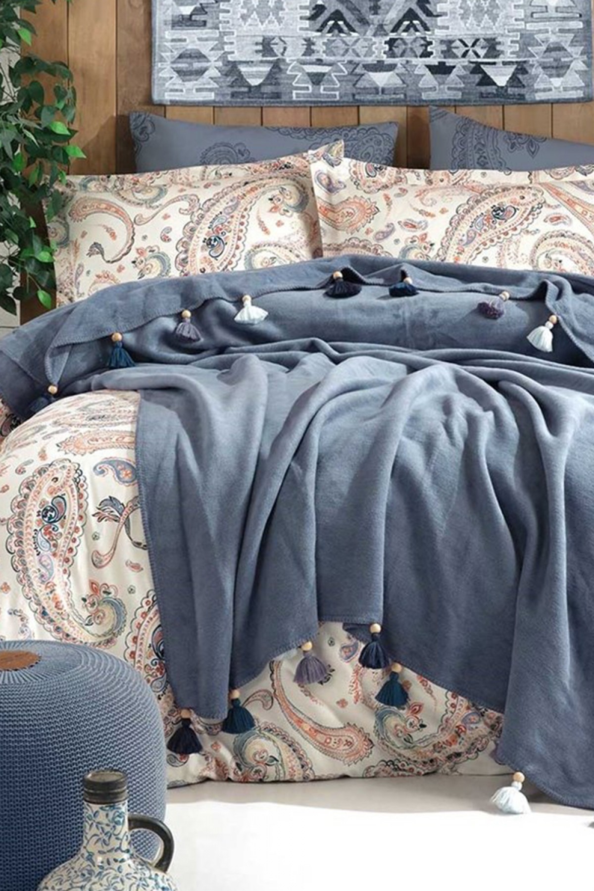 Boho Chic Çift Kişilik Püsküllü Battaniyeli Nevresim Takımı - Mavi