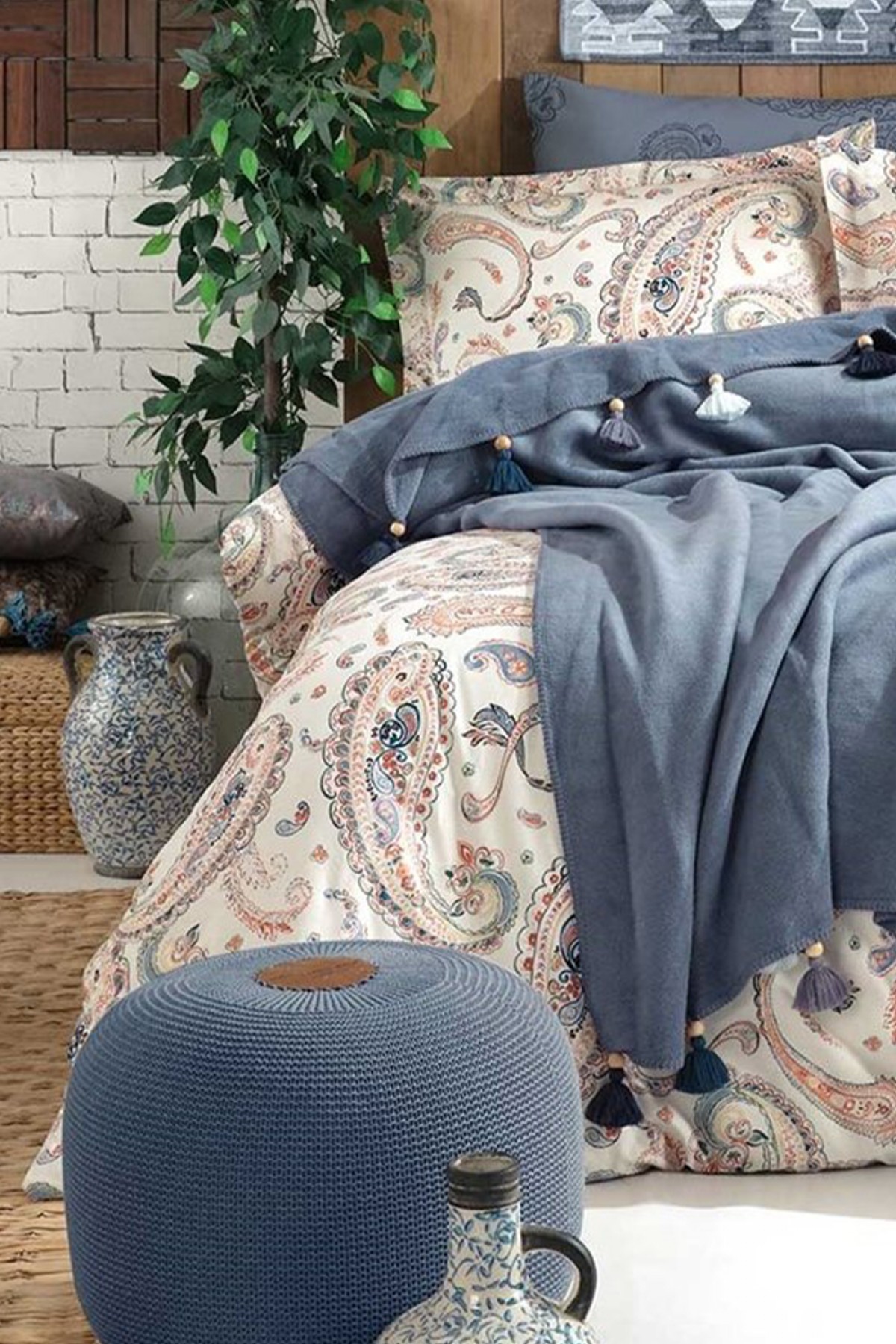 Boho Chic Çift Kişilik Püsküllü Battaniyeli Nevresim Takımı - Mavi