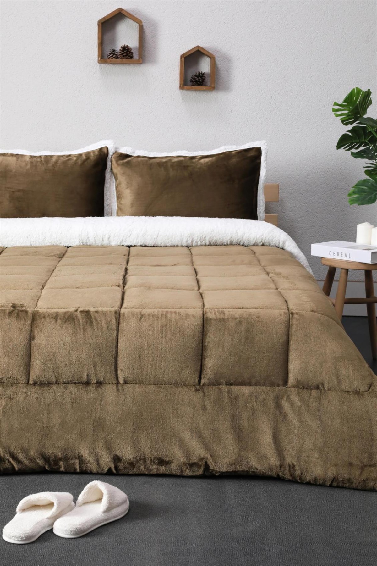 Comforter Cift Ki ilik Battaniye Seti Kahverengi Favora Home