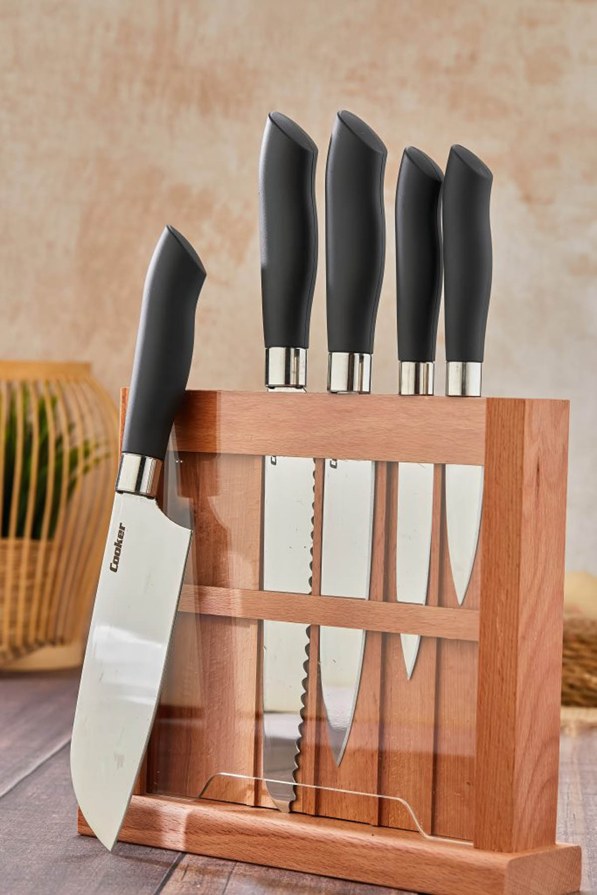 Cooker CKR3584 Ahşap Şeffaf Bölmeli 6 Parça Bıçak Seti