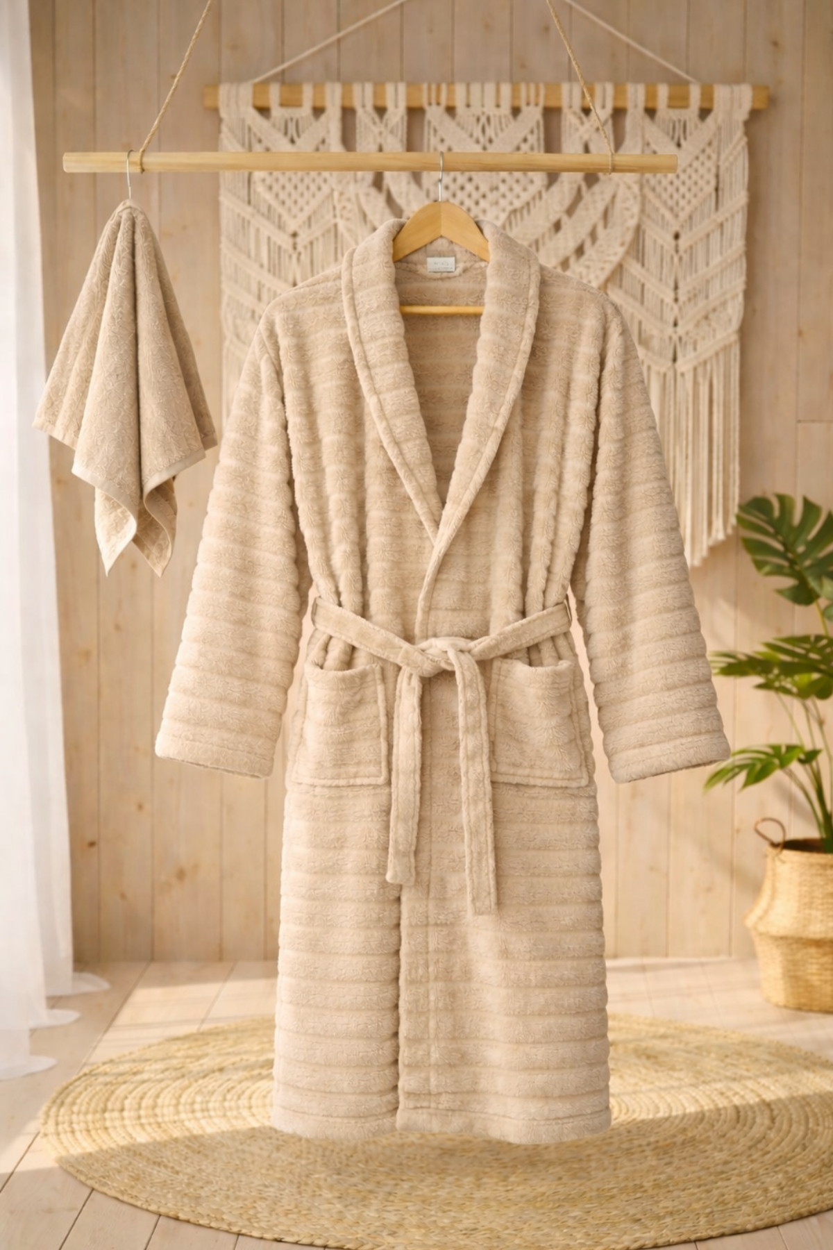 Cottowels Battal Boy 6 Parça %100 Pamuk Aile Bornoz Seti - Bej - Krem