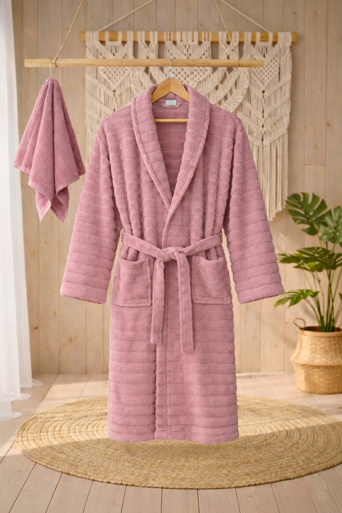 Cottowels Battal Boy 6 Parça %100 Pamuk Aile Bornoz Seti - Gül Kurusu - Krem