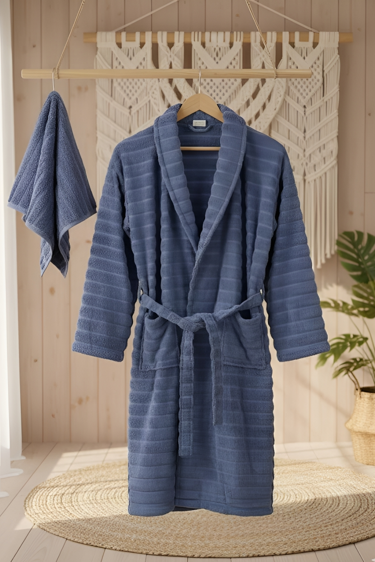 Cottowels Battal Boy 6 Parça %100 Pamuk Aile Bornoz Seti - Mavi - Krem