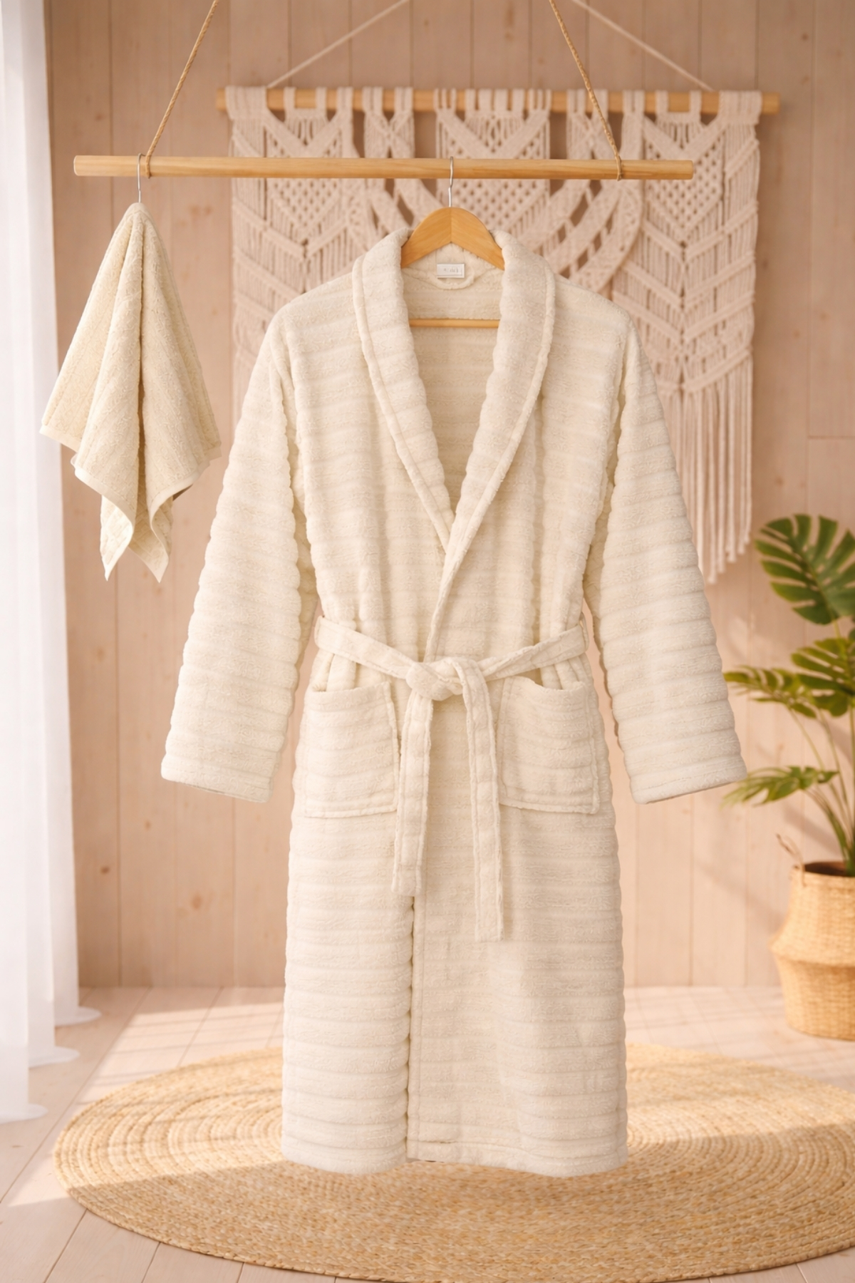 Cottowels Battal Boy 6 Parça %100 Pamuk Aile Bornoz Seti - Pudra - Krem