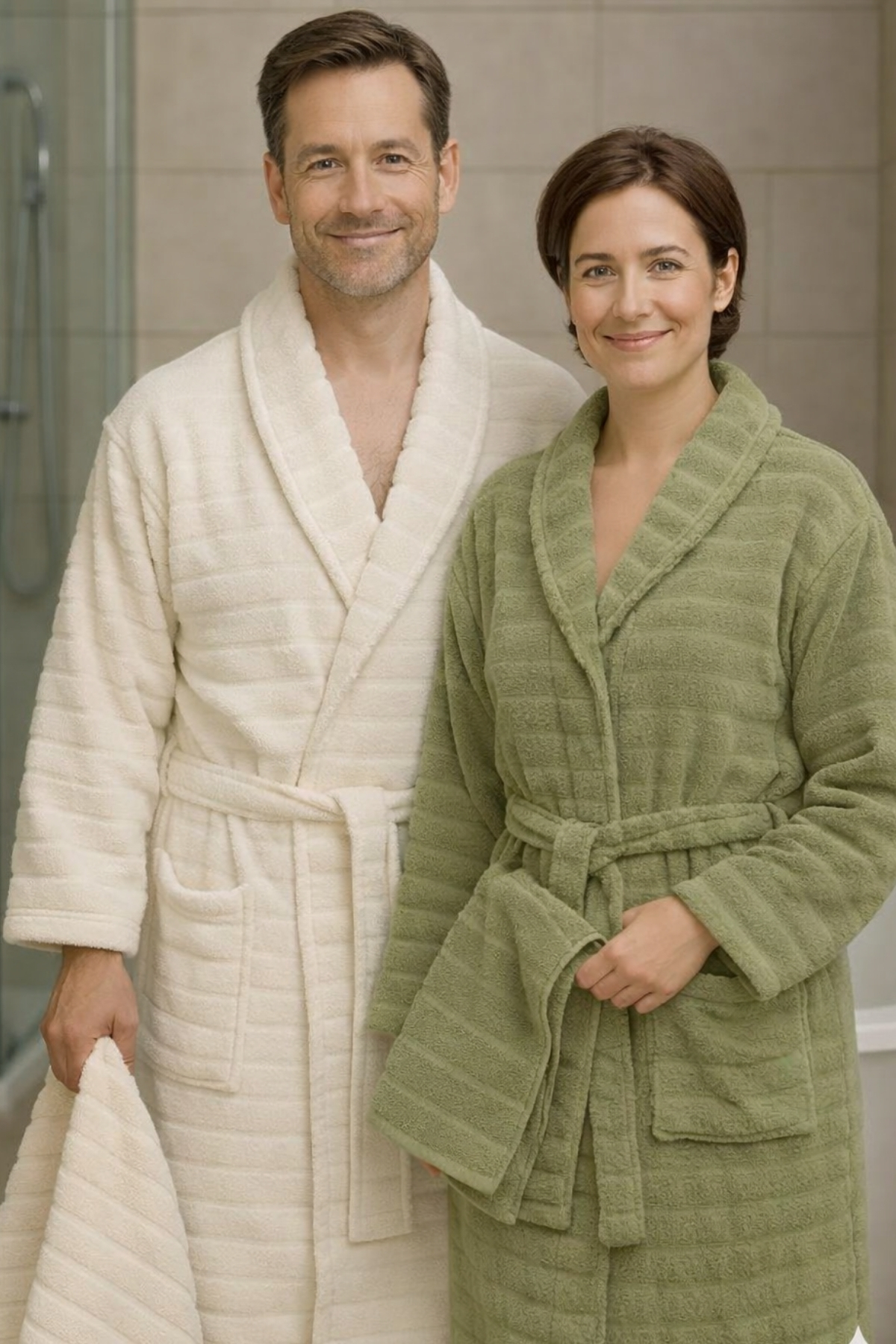 Cottowels Battal Boy 6 Parça %100 Pamuk Aile Bornoz Seti - Yeşil - Krem