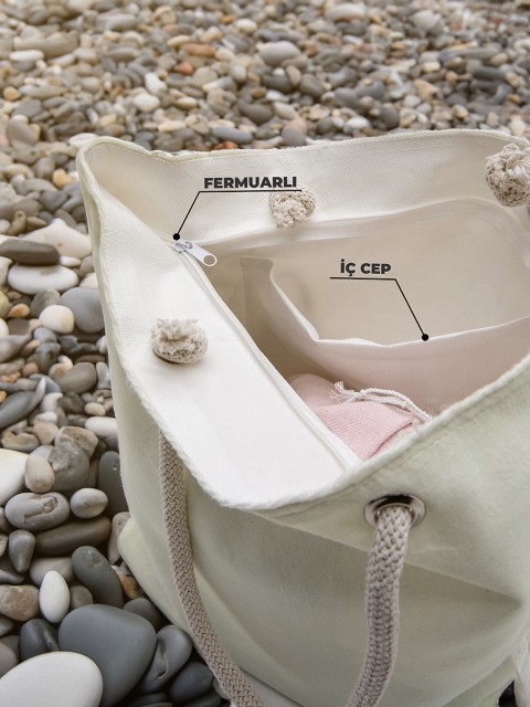 Cüzdan Hediyeli Kadın Plaj Çantası - Krem Cüzdan Hediyeli Kadın Plaj Çantası - Krem