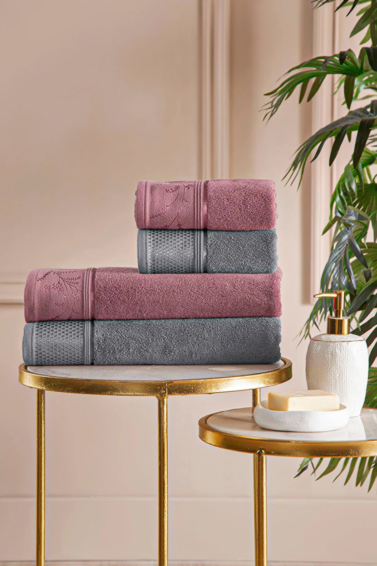 Ditsy Aile Seti Bornoz Seti - Gri - Mürdüm Ditsy Aile Seti Bornoz Seti - Gri - Mürdüm