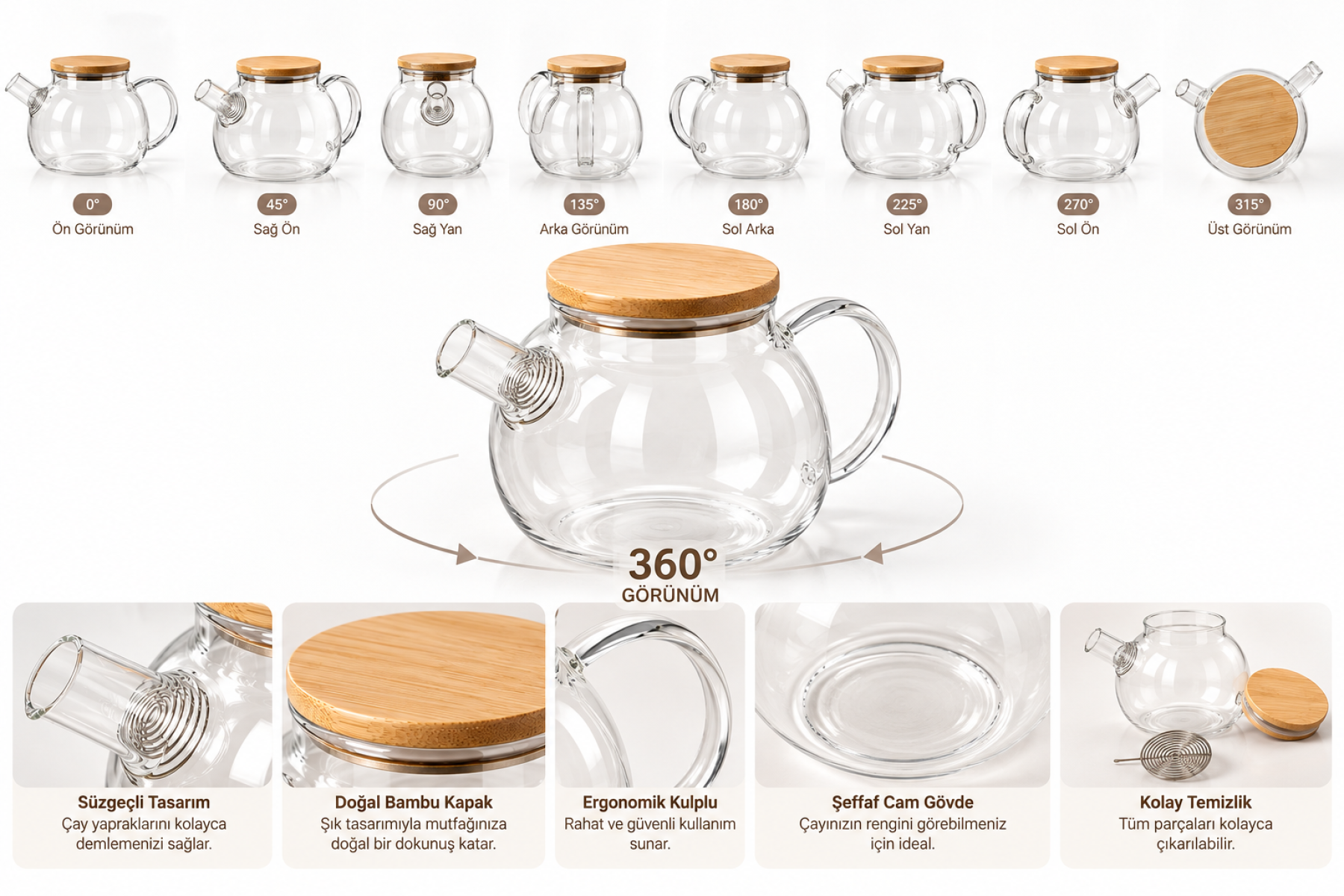 Favora Bambu Kapaklı Süzgeçli Cam Demlik 1000 ml