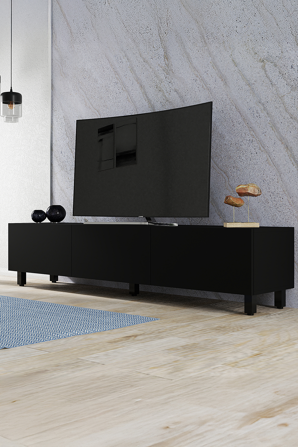 Favora Black 3 Kapaklı TV Ünitesi - Siyah 180 cm Favora Black 3 Kapaklı TV Ünitesi - Siyah 180 cm