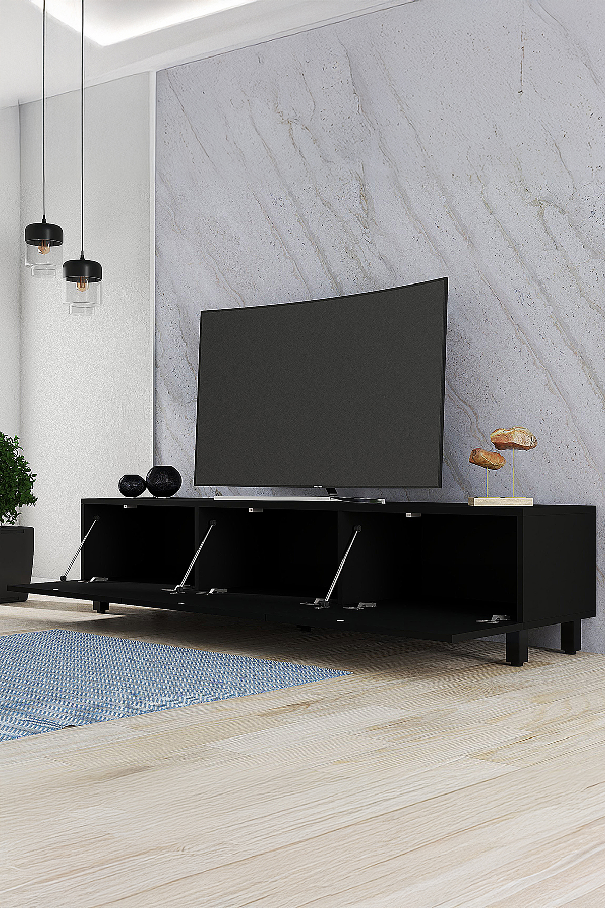 Favora Black 3 Kapaklı TV Ünitesi - Siyah 180 cm Favora Black 3 Kapaklı TV Ünitesi - Siyah 180 cm