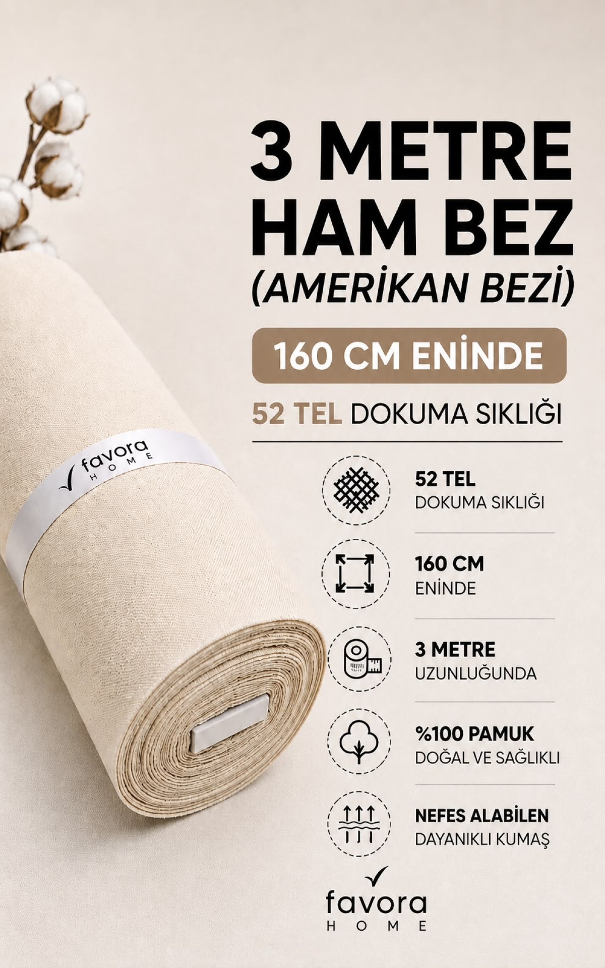 Favora Kalın Ham Bez Astarlık Kumaşı 3 Metre - Döşek Yüzü ve Döşemelik İçin