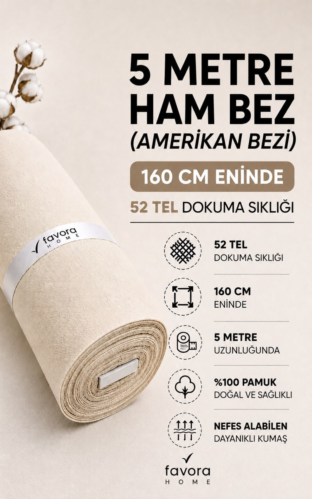 Favora Kalın Ham Bez Astarlık Kumaşı 5 Metre - Döşek Yüzü ve Döşemelik İçin