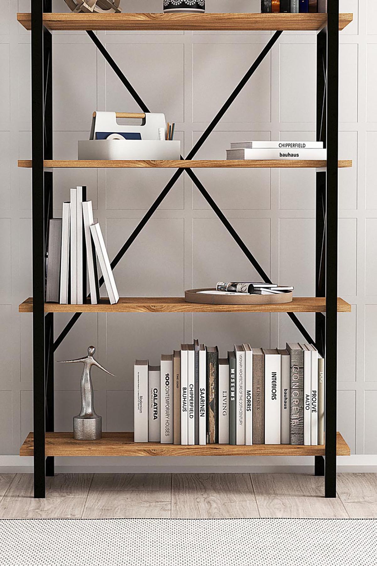 Favora Premium Metal Dekoratif Çapraz Kitaplık - Barok Ceviz