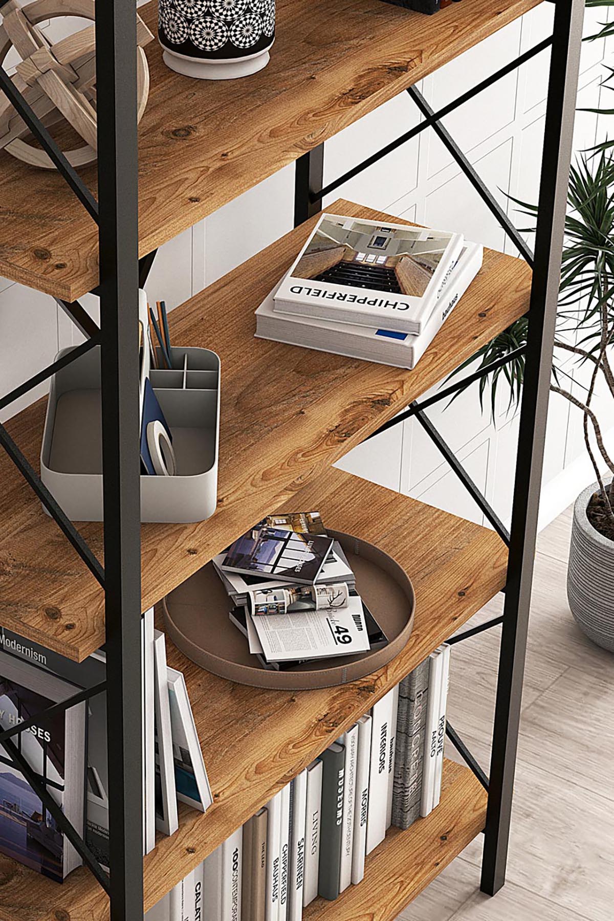 Favora Premium Metal Dekoratif Çapraz Kitaplık - Barok Ceviz