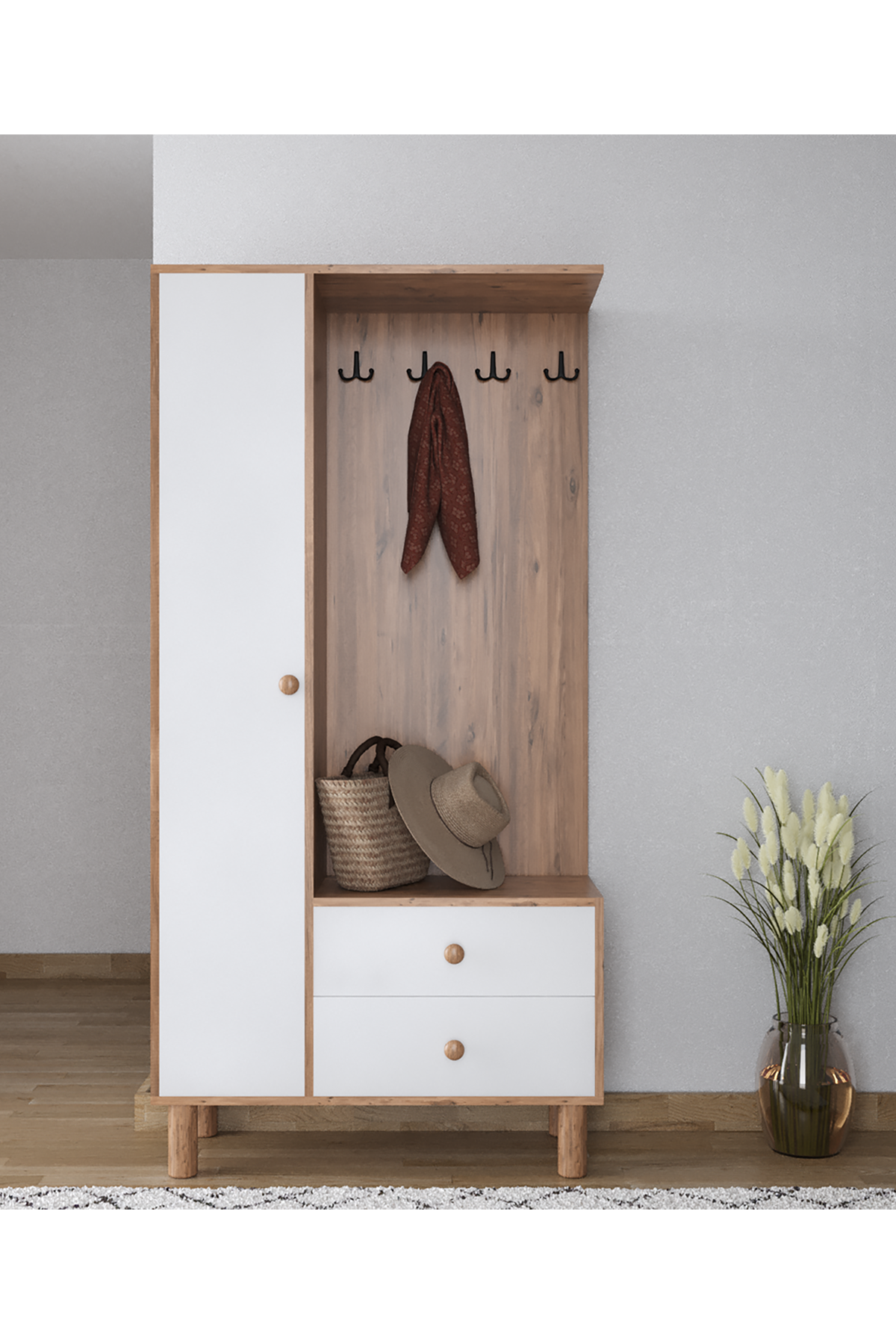 Favora Sun 3 Kapaklı Askılıklı Portmanto - Atlantik Çam - Beyaz
