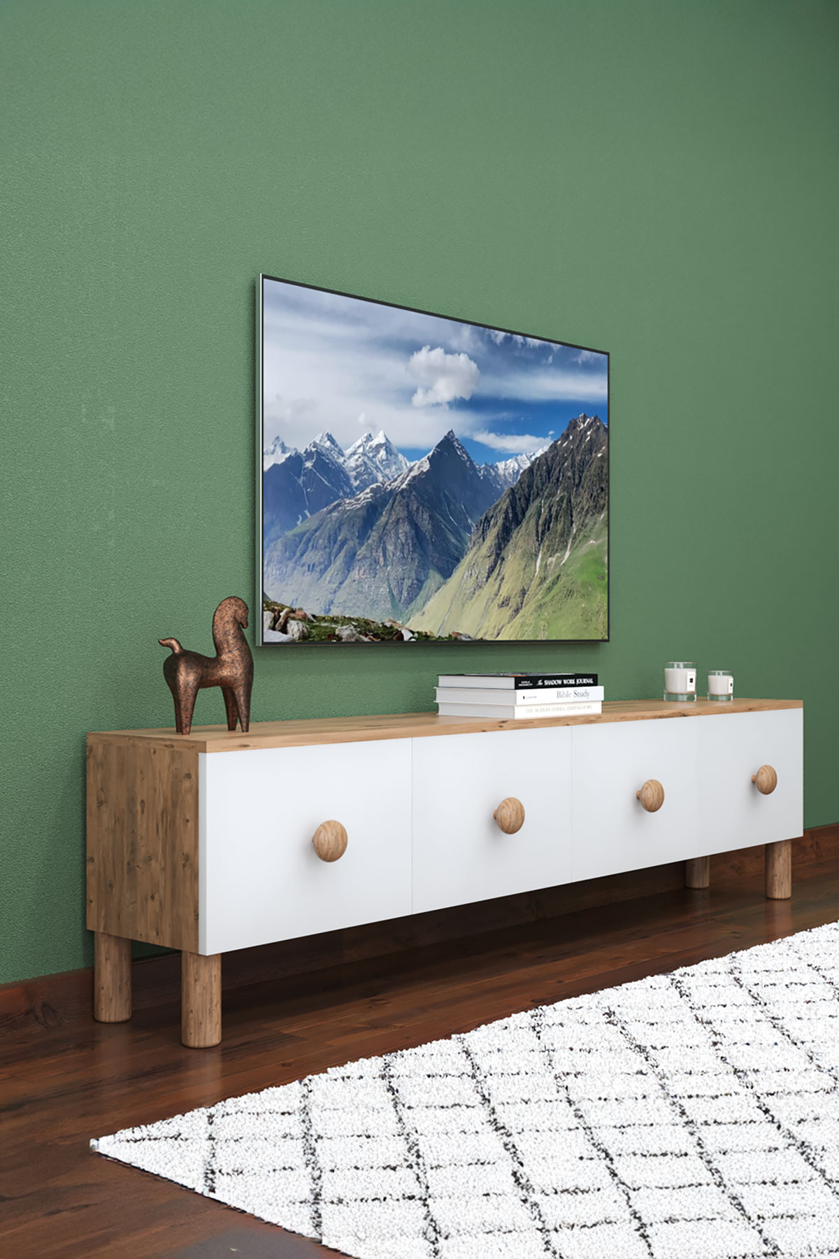 Favora Sun 4 Kapaklı Tv Sehpası - Atlantik Çam - Beyaz