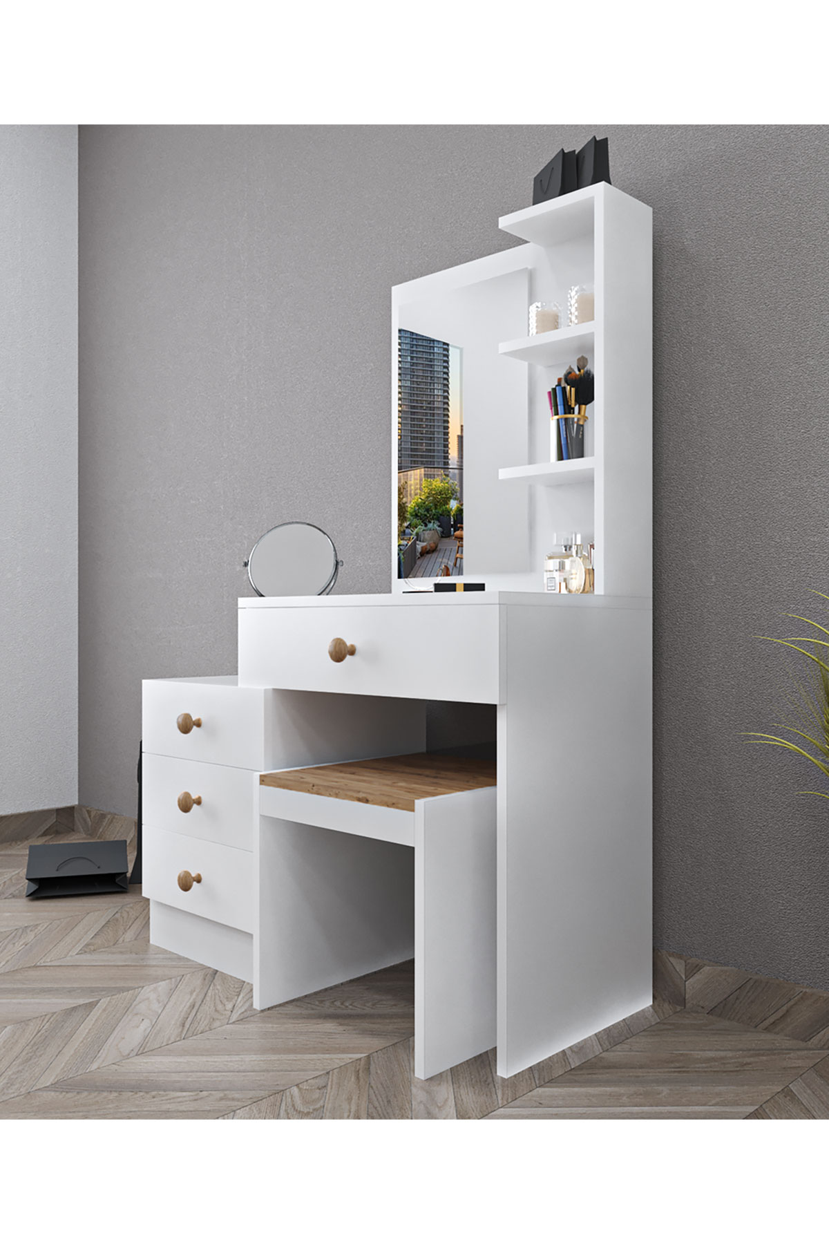 Favora Sun Çekmeceli Raflı Makyaj Masası - Beyaz