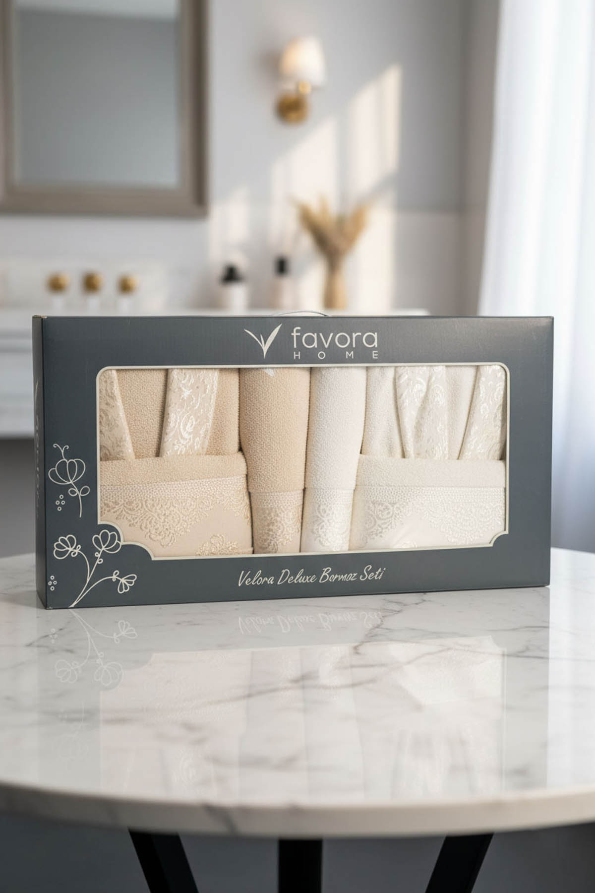 Favora Velora Deluxe %100 Pamuk Bornoz Seti - Bej - Krem