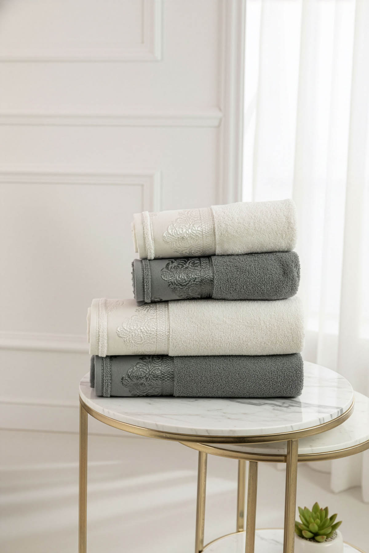 Favora Velora Deluxe %100 Pamuk Bornoz Seti - Krem - Gri