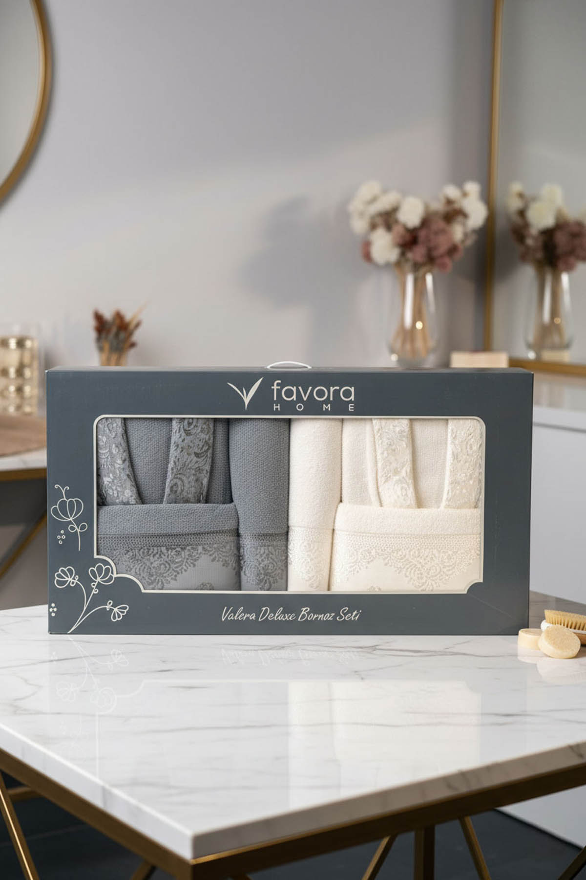 Favora Velora Deluxe %100 Pamuk Bornoz Seti - Krem - Gri