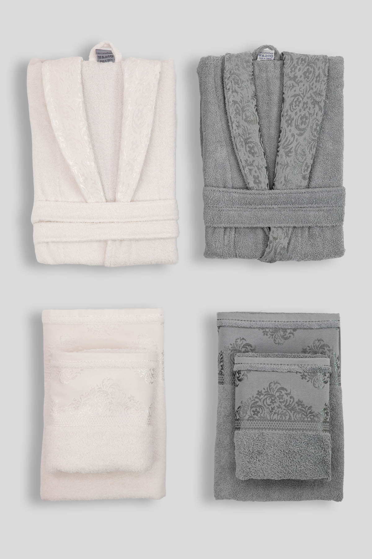 Favora Velora Deluxe %100 Pamuk Bornoz Seti - Krem - Gri