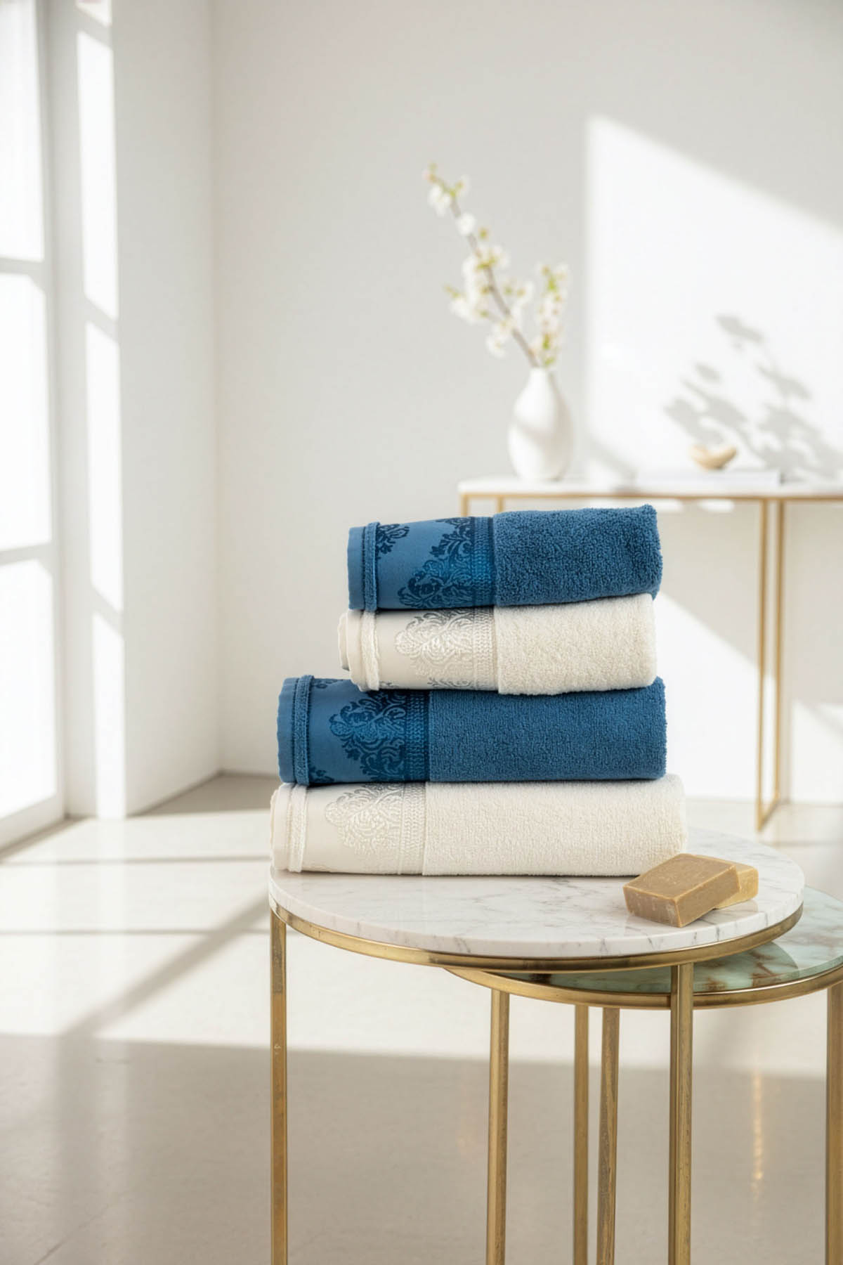 Favora Velora Deluxe %100 Pamuk Bornoz Seti - Krem - Lacivert