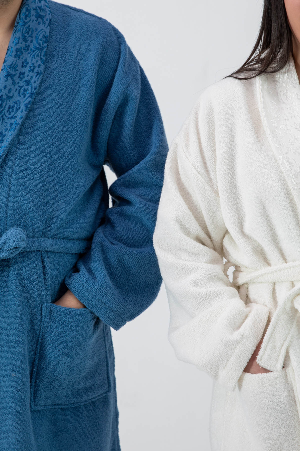 Favora Velora Deluxe %100 Pamuk Bornoz Seti - Krem - Lacivert