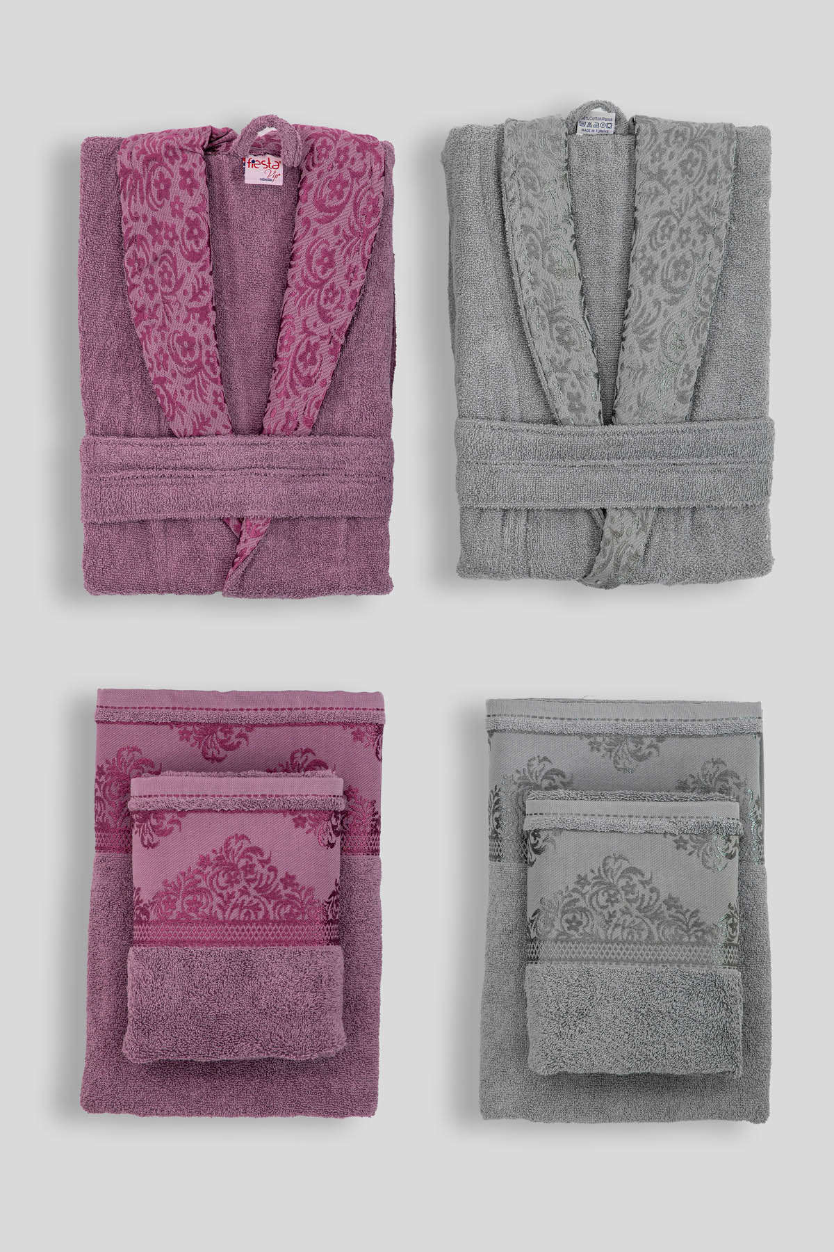 Favora Velora Deluxe %100 Pamuk Bornoz Seti - Mürdüm - Antrasit