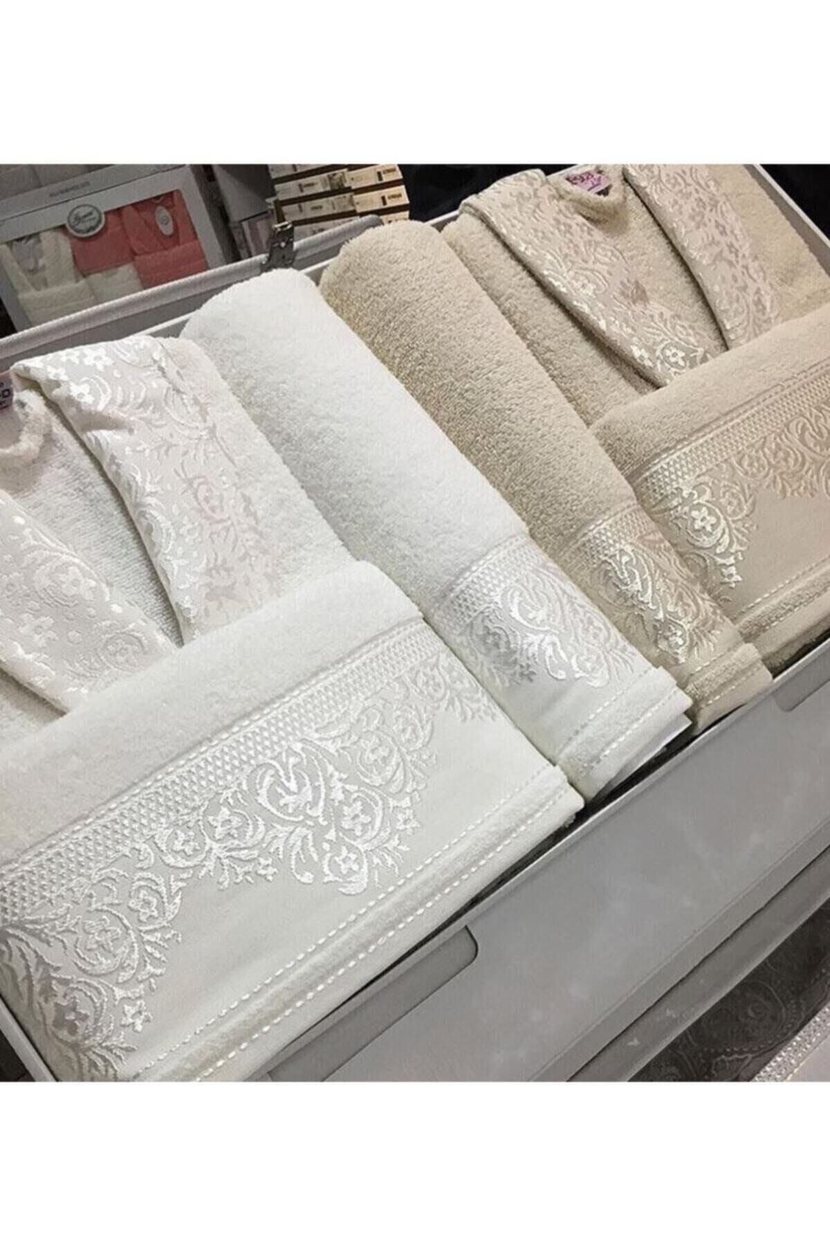 Pamuklu Jakarlı Aile Bornoz Seti - Bej - Krem Pamuklu Jakarlı Aile Bornoz Seti - Bej - Krem