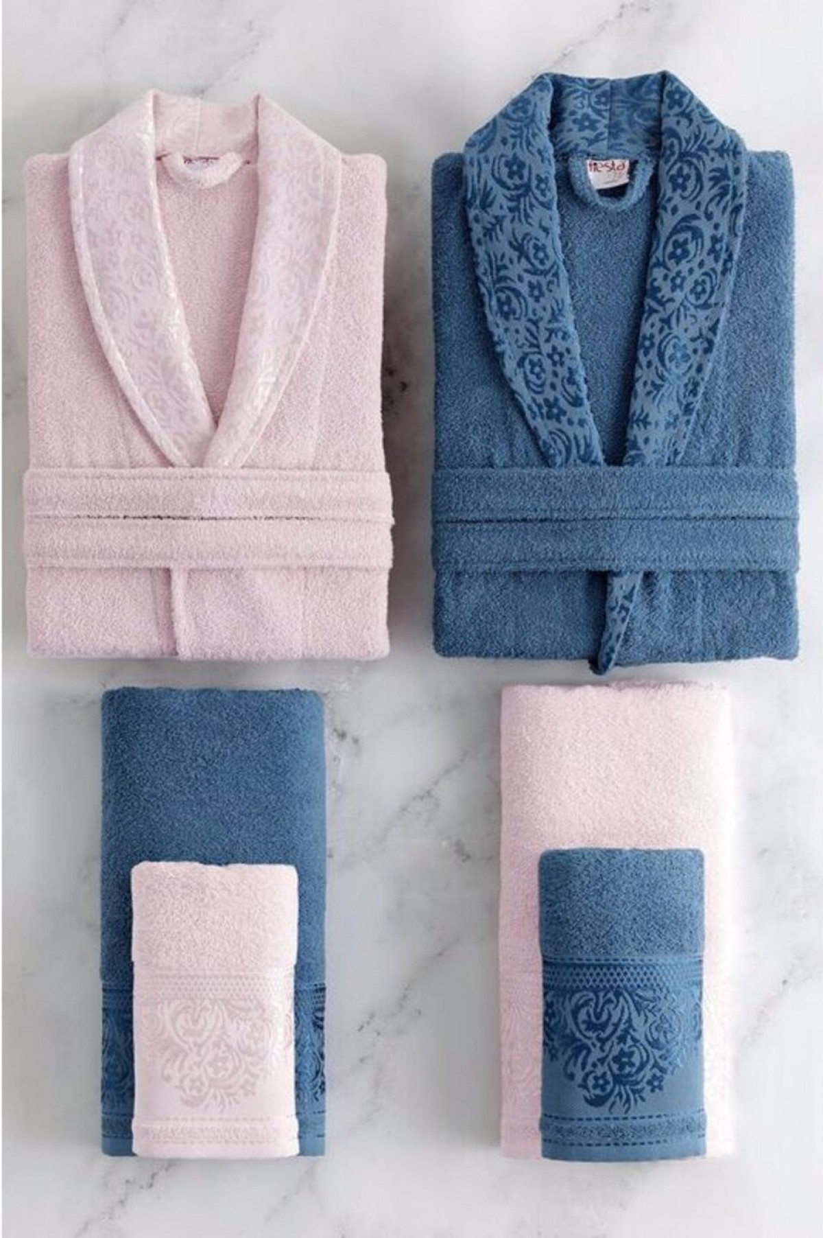 Fiesta Pamuklu Jakarlı Aile Bornoz Seti - Lacivert - Pembe Fiesta Pamuklu Jakarlı Aile Bornoz Seti - Lacivert - Pembe