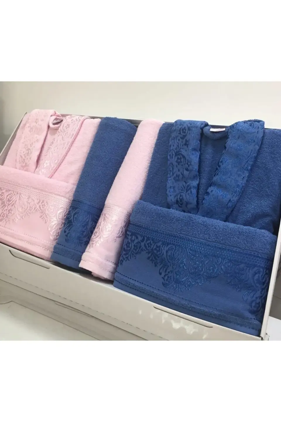 Fiesta Pamuklu Jakarlı Aile Bornoz Seti - Lacivert - Pembe