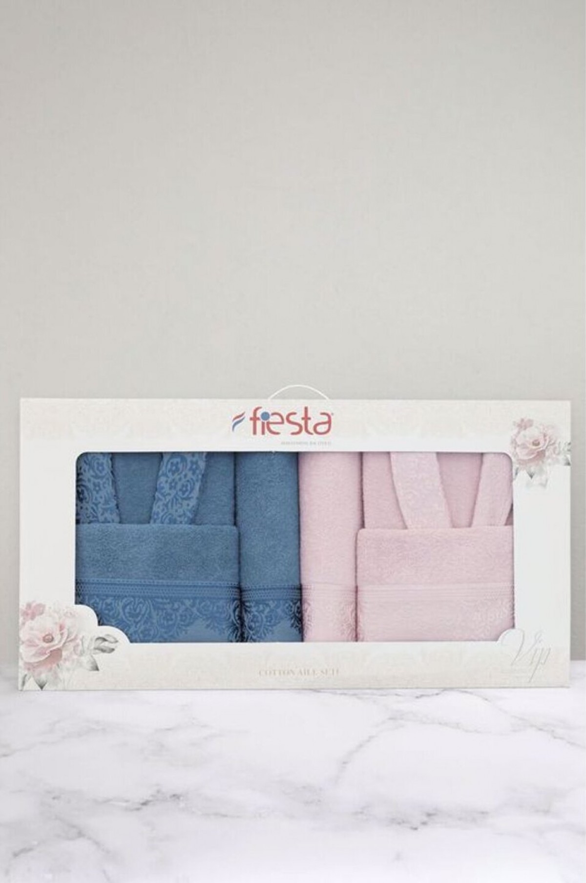 Fiesta Pamuklu Jakarlı Aile Bornoz Seti - Lacivert - Pembe